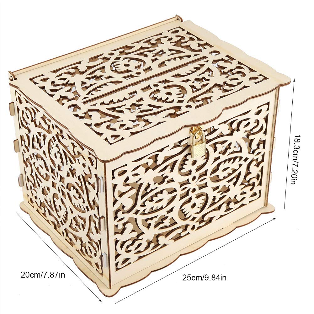 Natural Wood Wedding Card Box with Hollow Design & Lock - Foldable DIY Gift Box for Weddings, Anniversaries, Graduations, Baby Showers & Birthdays | Perfect for Ceremony Card Collection & Party Decor