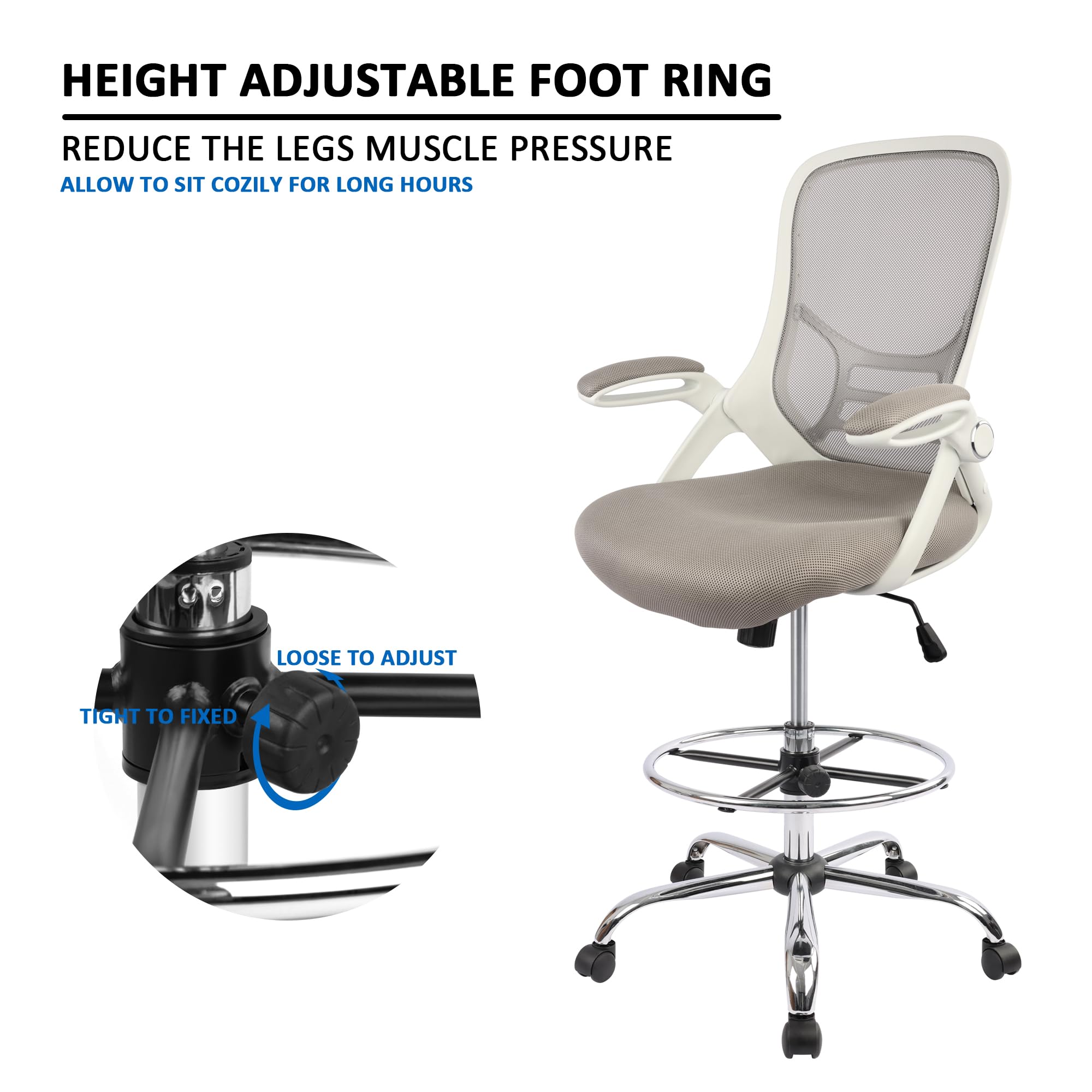 HYLONE Adjustable Drafting Chair - Ergonomic Tall Office Chair with Flip-Up Arms, Mesh High Back & Foot Ring for Standing Desks - White & Grey - Perfect for Architects, Artists & Home Office Workspaces