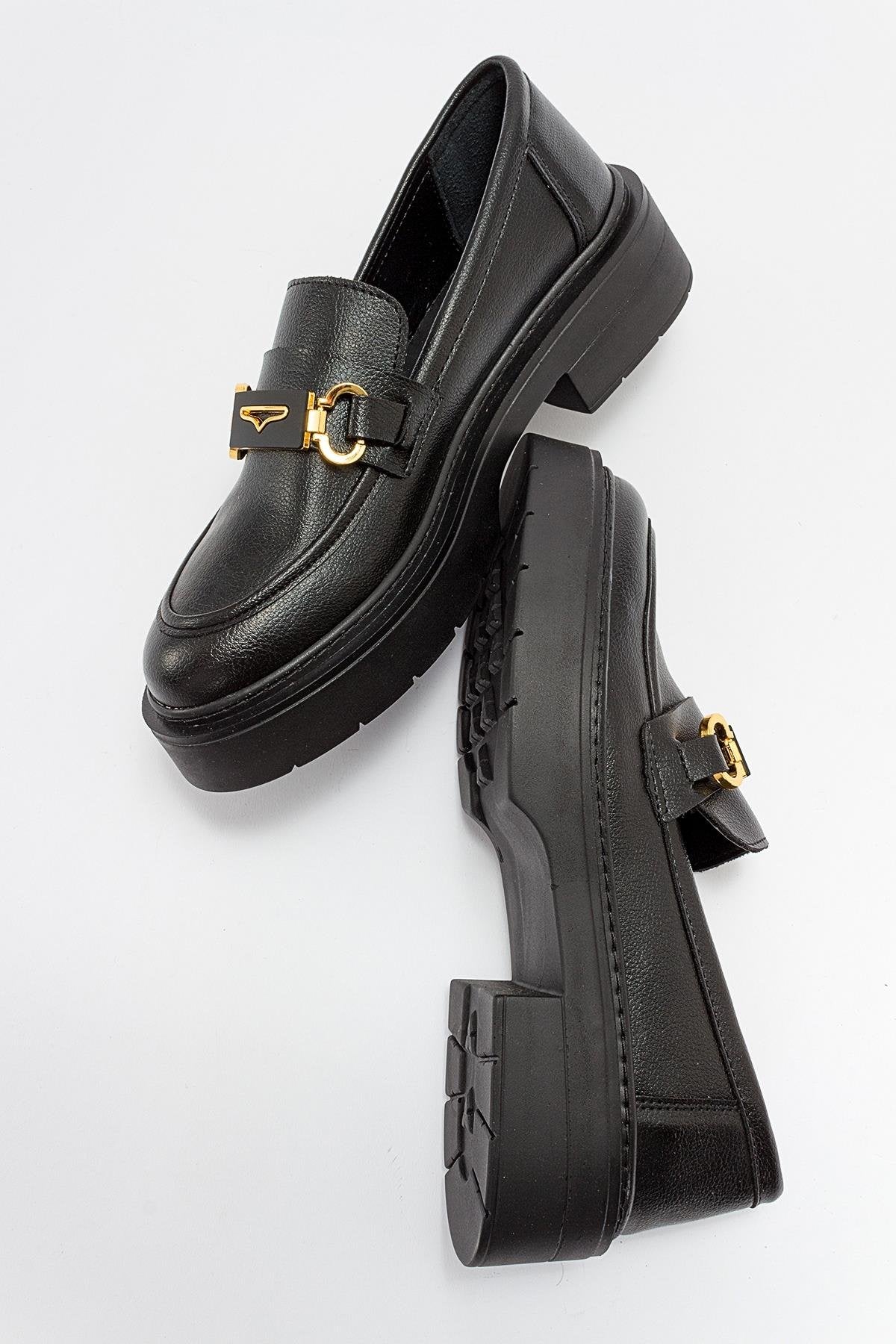 Simone Black Bit Platform Loafers for Women - Comfortable Slip-On Dress Shoes for Office, Business & Casual Wear | Stylish Chunky Heel Loafers for Work & Everyday Outfits