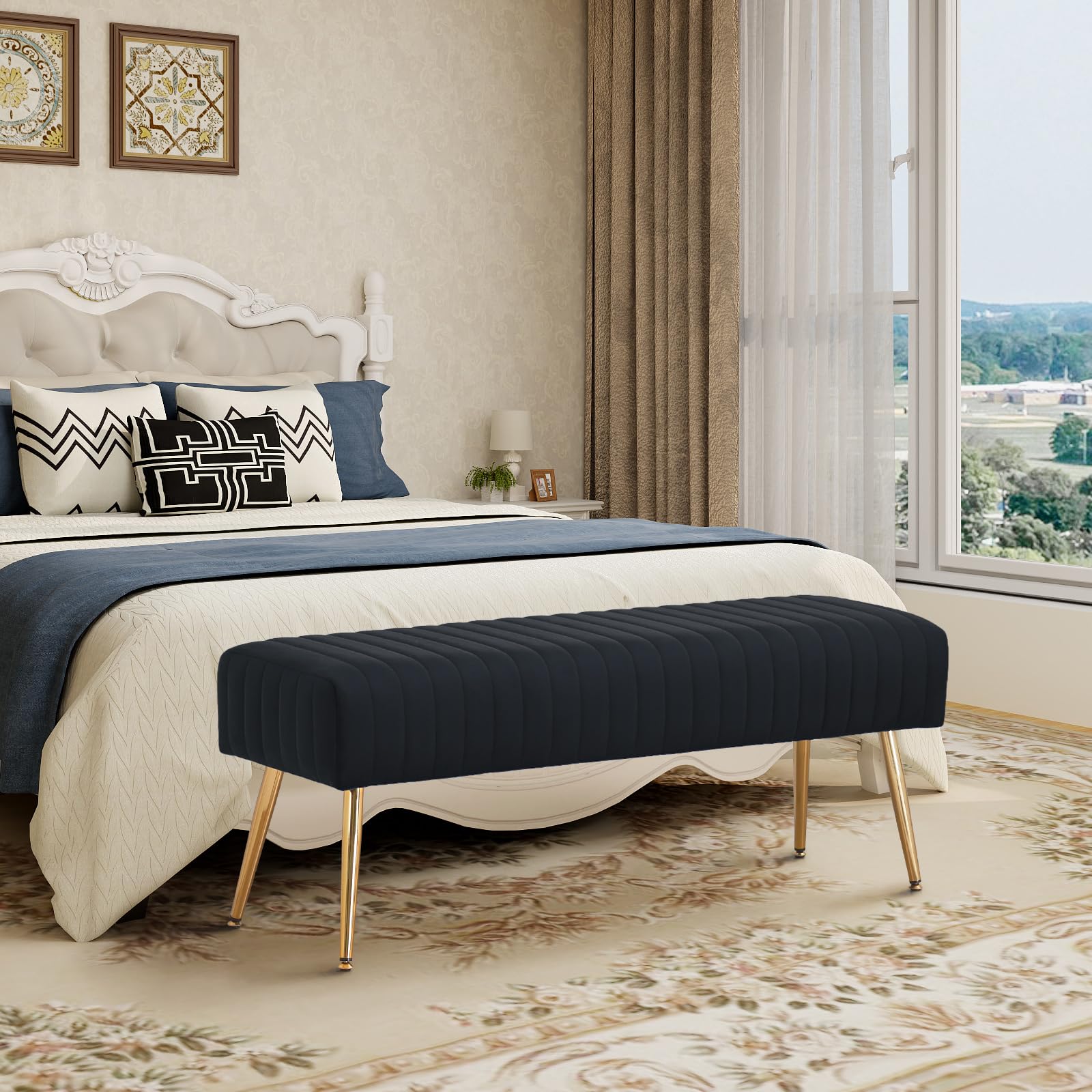 Furnimart 44 Inch Upholstered Ottoman Bench with Gold Legs - Black Storage Bench for Bedroom, Living Room, Dining Room & Entryway | Perfect for Seating, Storage & Home Decor