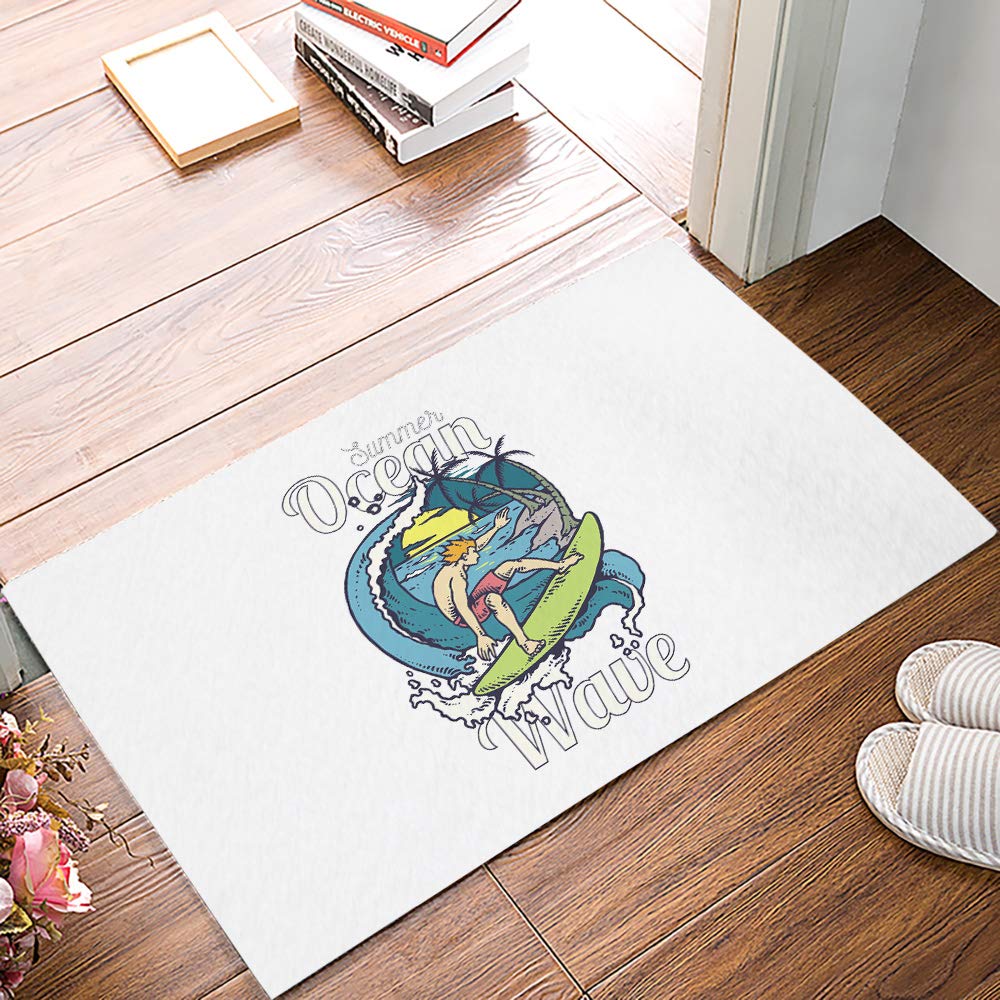 Non-Slip Water Absorbent Ocean Wave Surfboard Doormat 18x30 Inch - Soft Dirt Proof Indoor/Outdoor Entry Rug for Front Door, Porch, Balcony | Perfect for Beach House, Coastal Decor & High Traffic Areas
