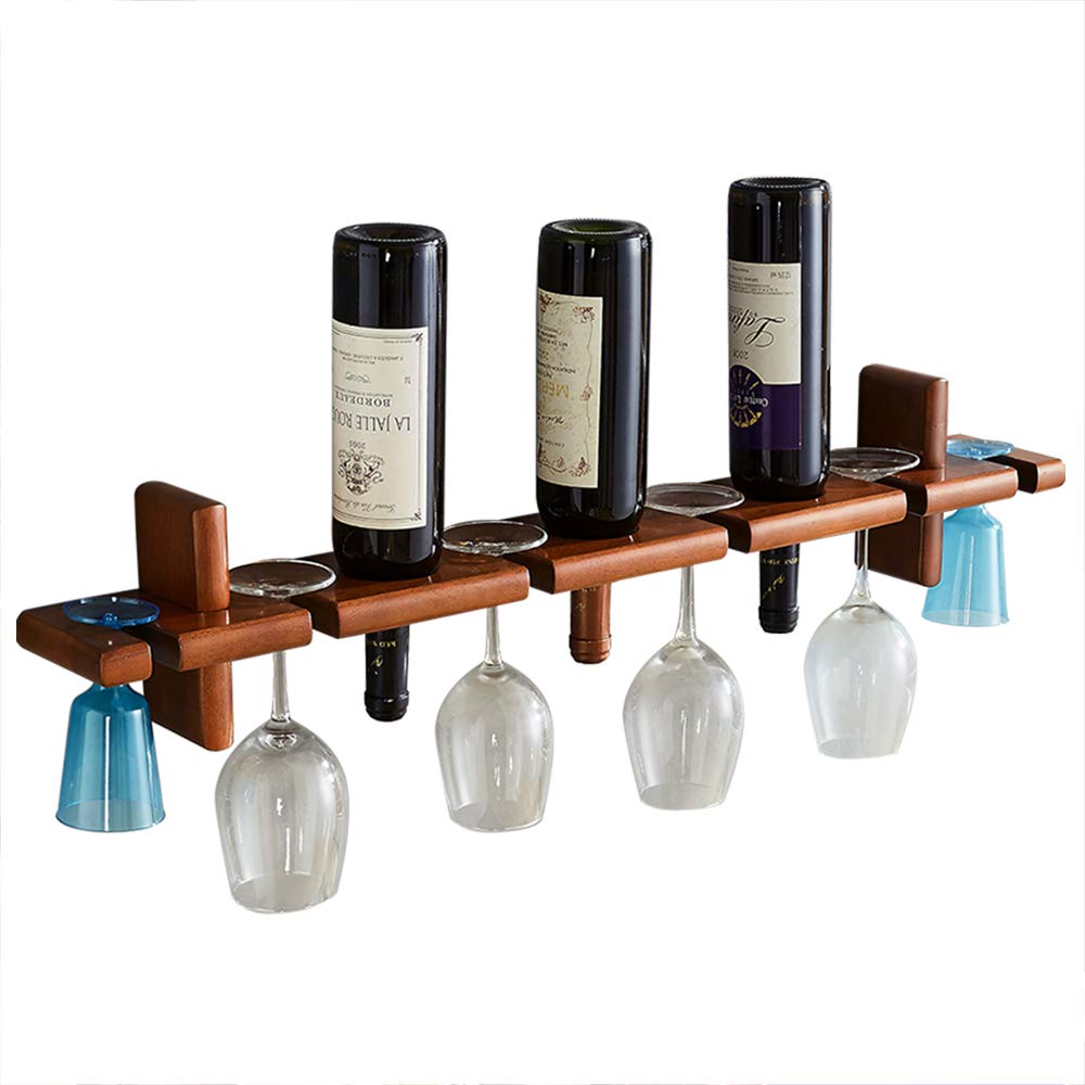 Solid Wood Wall Mounted Wine Rack & Glass Holder - Walnut Color 32.46 x 3 Inch - Home Bar Storage Solution for Wine Display & Organization - Perfect for Kitchen, Dining Room or Wine Cellar Decor