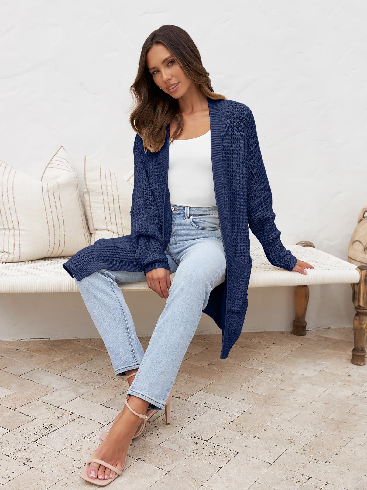 MEROKEETY Women's Oversized Long Batwing Sleeve Cardigan Waffle Knit Sweater Coat - Cozy Winter Layering for Casual Outfits & Lounge Wear