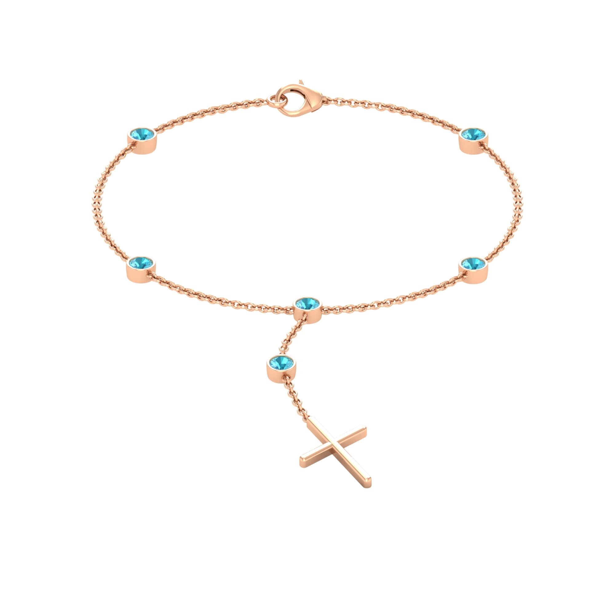 3/4 CT Swiss Blue Topaz Station Chain Bracelet for Women - 14K Solid Gold Cross Charm Bracelet with Bezel Set December Birthstone | Elegant Jewelry Gift for Christmas, Birthday & Anniversary