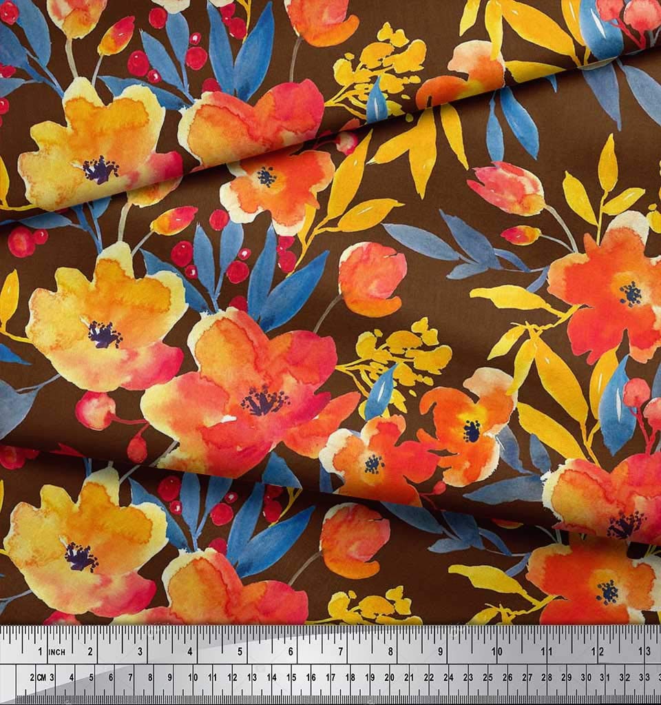 Soimoi Moss Georgette Brown Fabric by The Yard - 42 Inch Wide Printed Floral Fabric with Leaves Design - Nature-Inspired Elegant Fabric for Dresses, Blouses, Scarves & DIY Fashion Projects