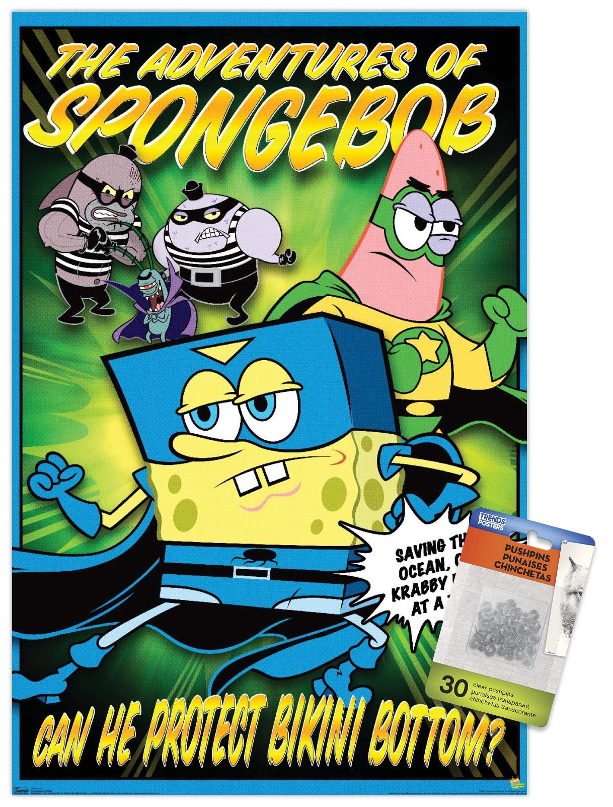 SpongeBob SquarePants Wall Poster with Push Pins - Funny Nickelodeon Cartoon Decor for Kids Room, Office & Dorm