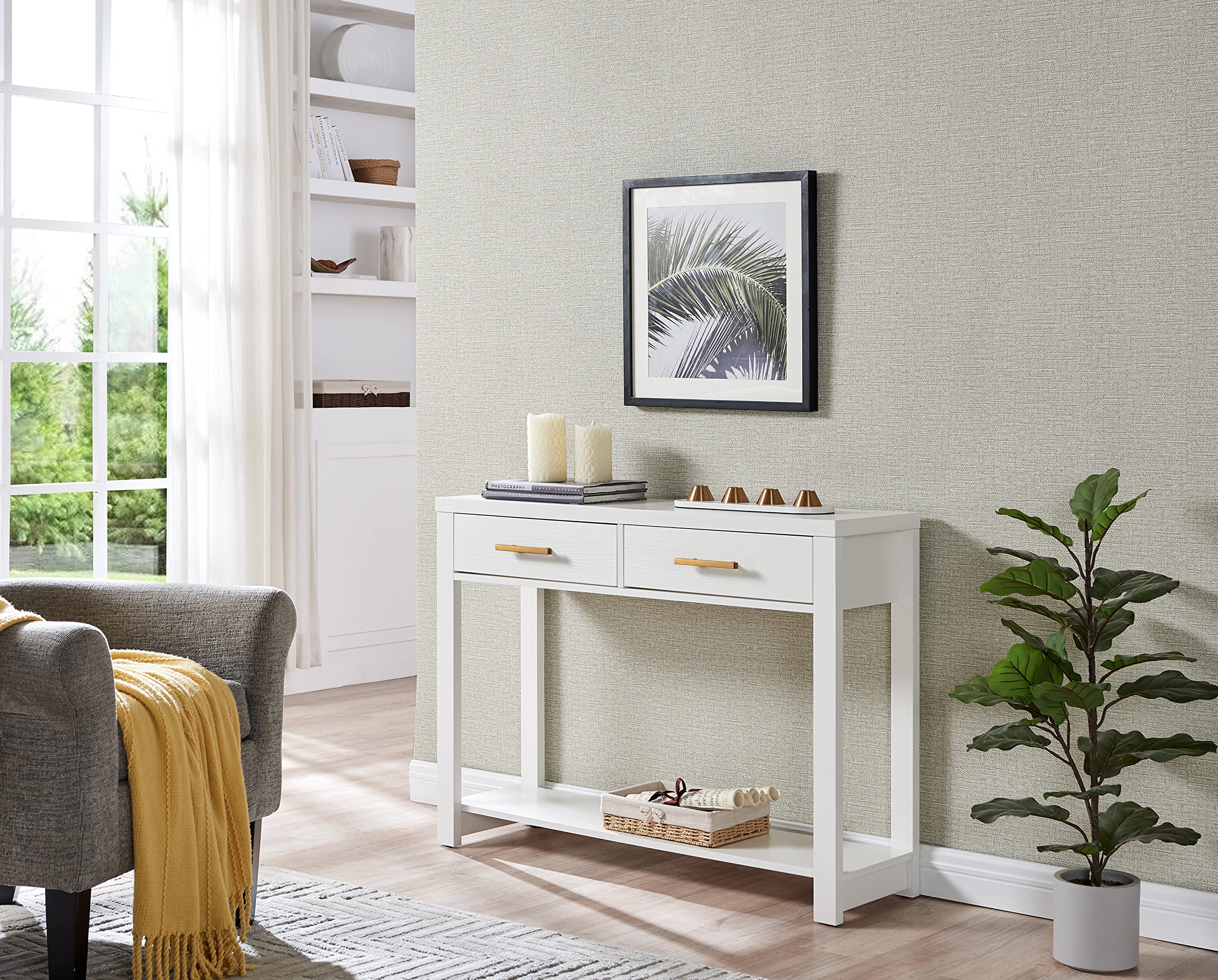 Modern White Console Table with 2 Storage Drawers & Open Shelf - Kings Brand Furniture for Hallway, Living Room, Bedroom | Perfect Entryway Organizer & Stylish Sofa Table Decor