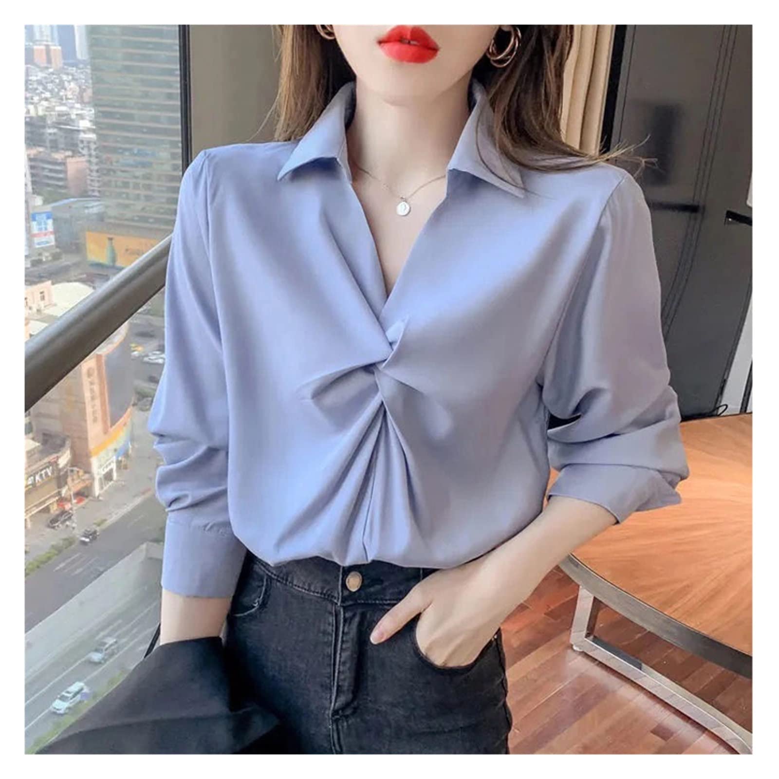 Elegant Turn-Down Collar Loose Long Sleeve Chiffon Blouse for Women - Solid Color Summer Top (Blue, Size XL) | Casual Wear, Office Outfits & Summer Fashion