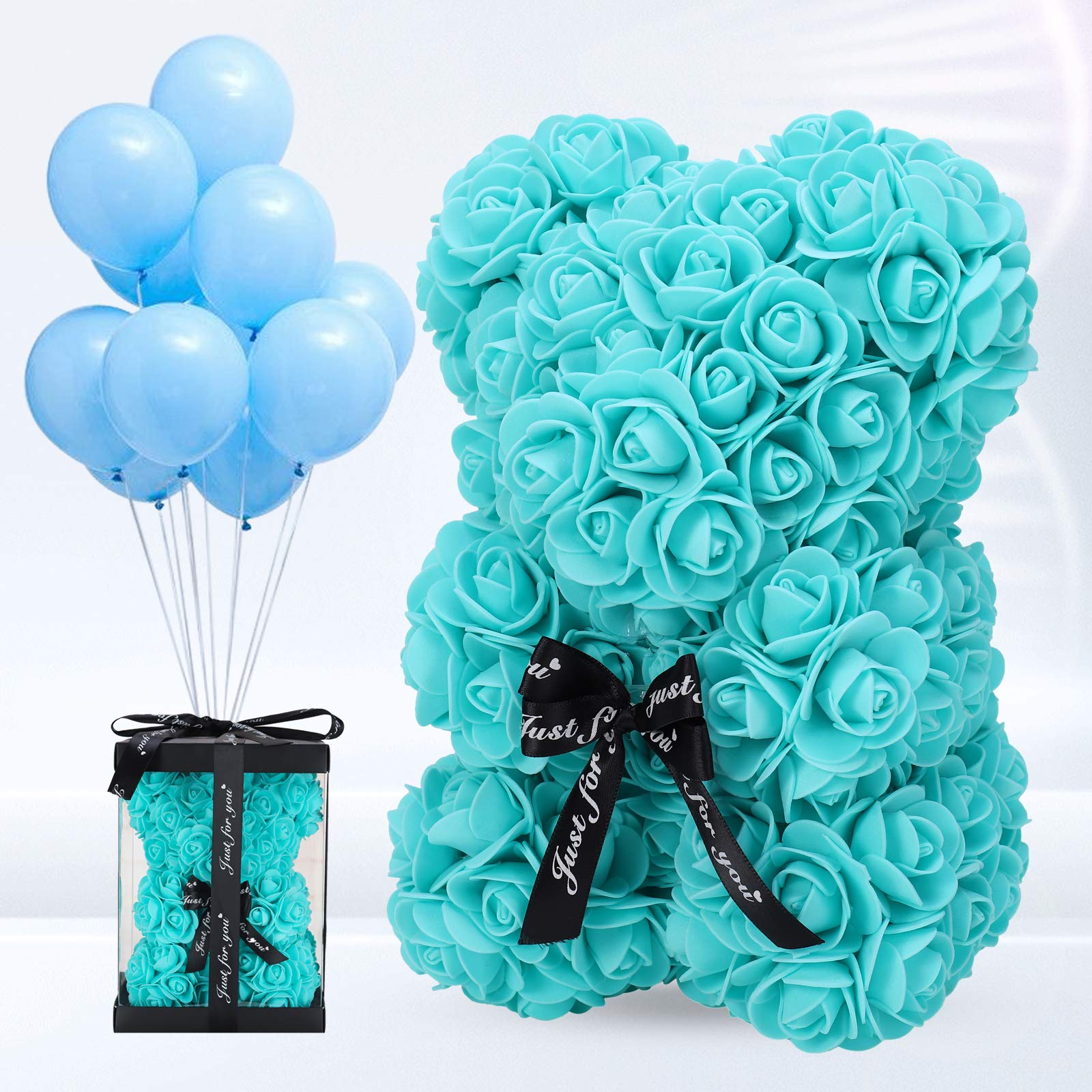 LINKLO 10-inch Rose Teddy Bear - Artificial Rose Flower Bear Gift for Wedding, Mother's Day, Anniversary - Includes Transparent Gift Box (T Blue) - Perfect for Romantic Surprises, Birthday Presents & Home Decor