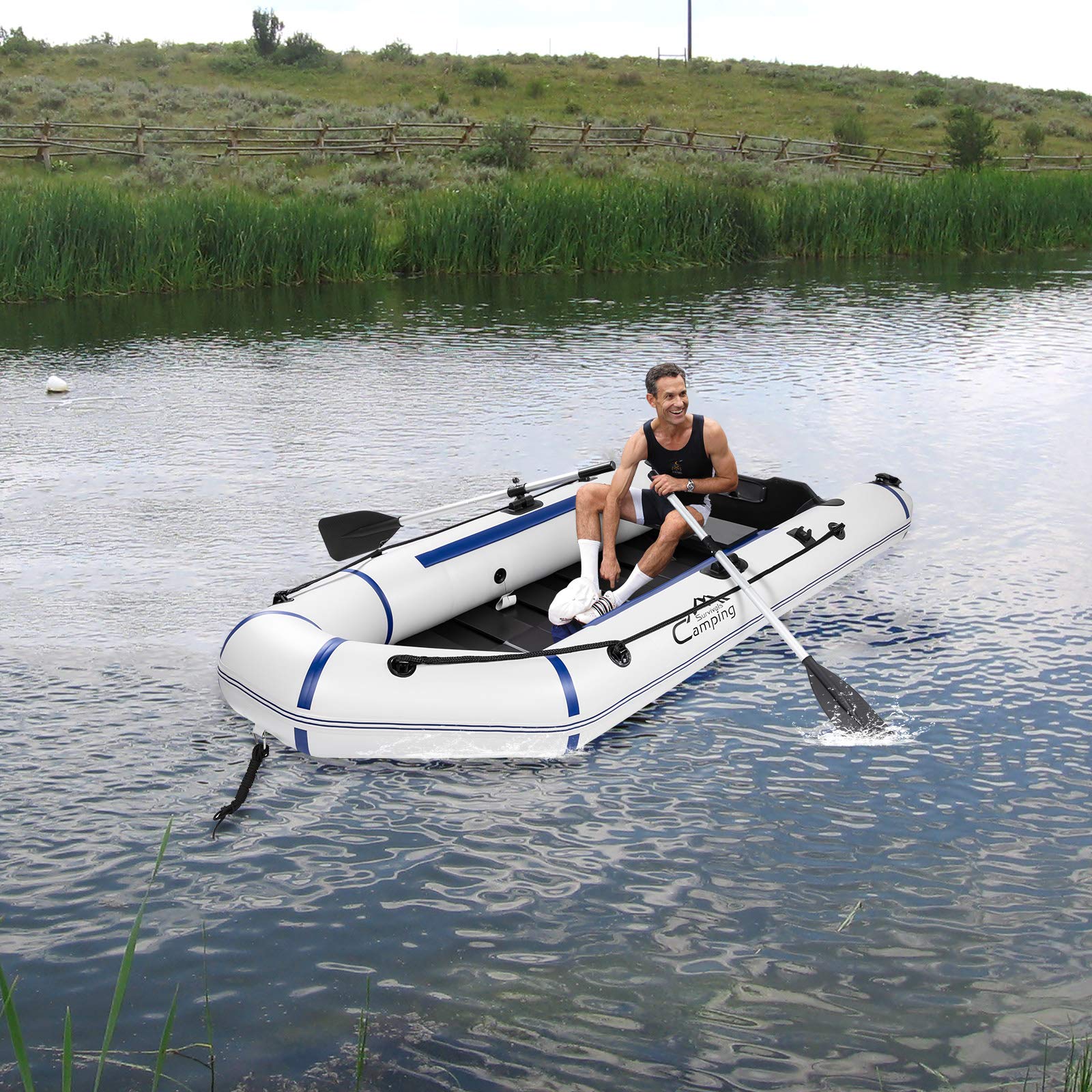 10ft Inflatable Fishing Boat Set with Hard Inner Bottom Floor & 3 Separate Air Chambers - Heavy Duty PVC Material for Lakes, Rivers & Coastal Waters - Perfect for Fishing, Camping and Water Sports