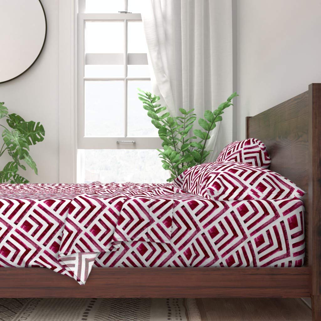 Feathered Diamonds Red Stripe Geometric Cotton Sheets - Twin 3pc Set | 100% Cotton Bedding with Art Deco Wine Print | Perfect for Guest Rooms, Dorm Decor & Vintage Style Bedrooms
