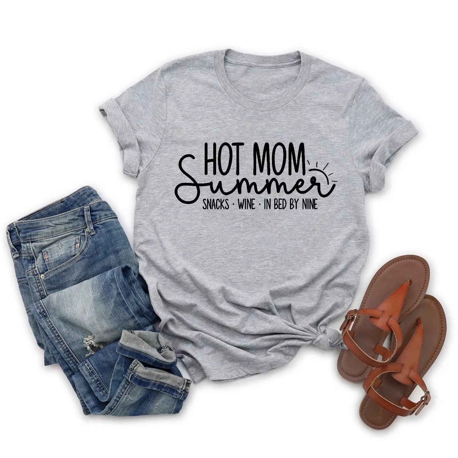 IVYRISE Funny Mom T-Shirt - Women's Summer Vacation Top with 'Snacks & Wine in Bed by Nine' Print - Perfect for Relaxing at Home, Beach Trips & Girls' Night Out