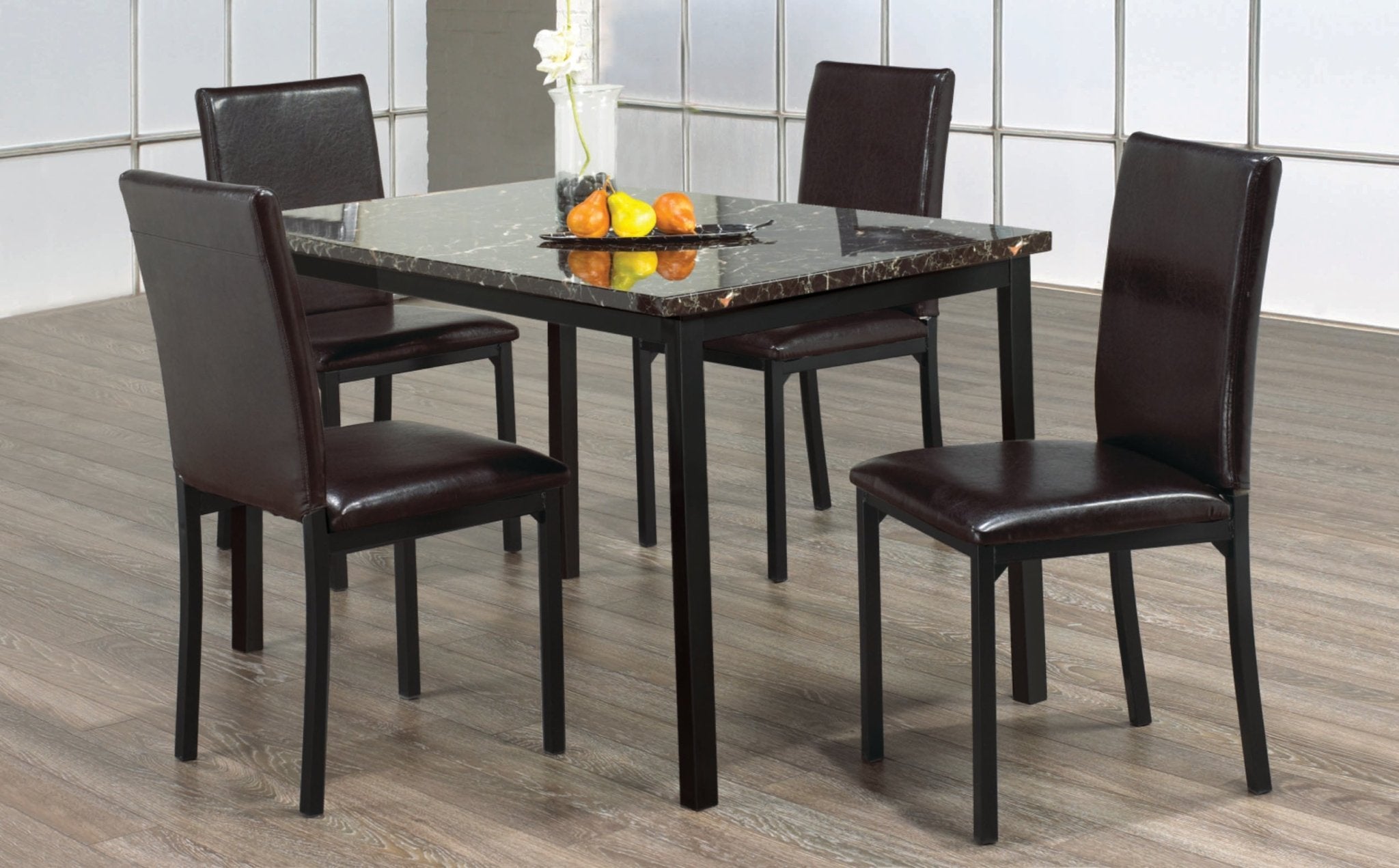 Stylish Black Metal Dining Set with Dark Brown Marble Table Top - Modern Kitchen & Dining Room Furniture for Home Decor | Perfect for Family Meals, Dinner Parties & Entertaining Guests