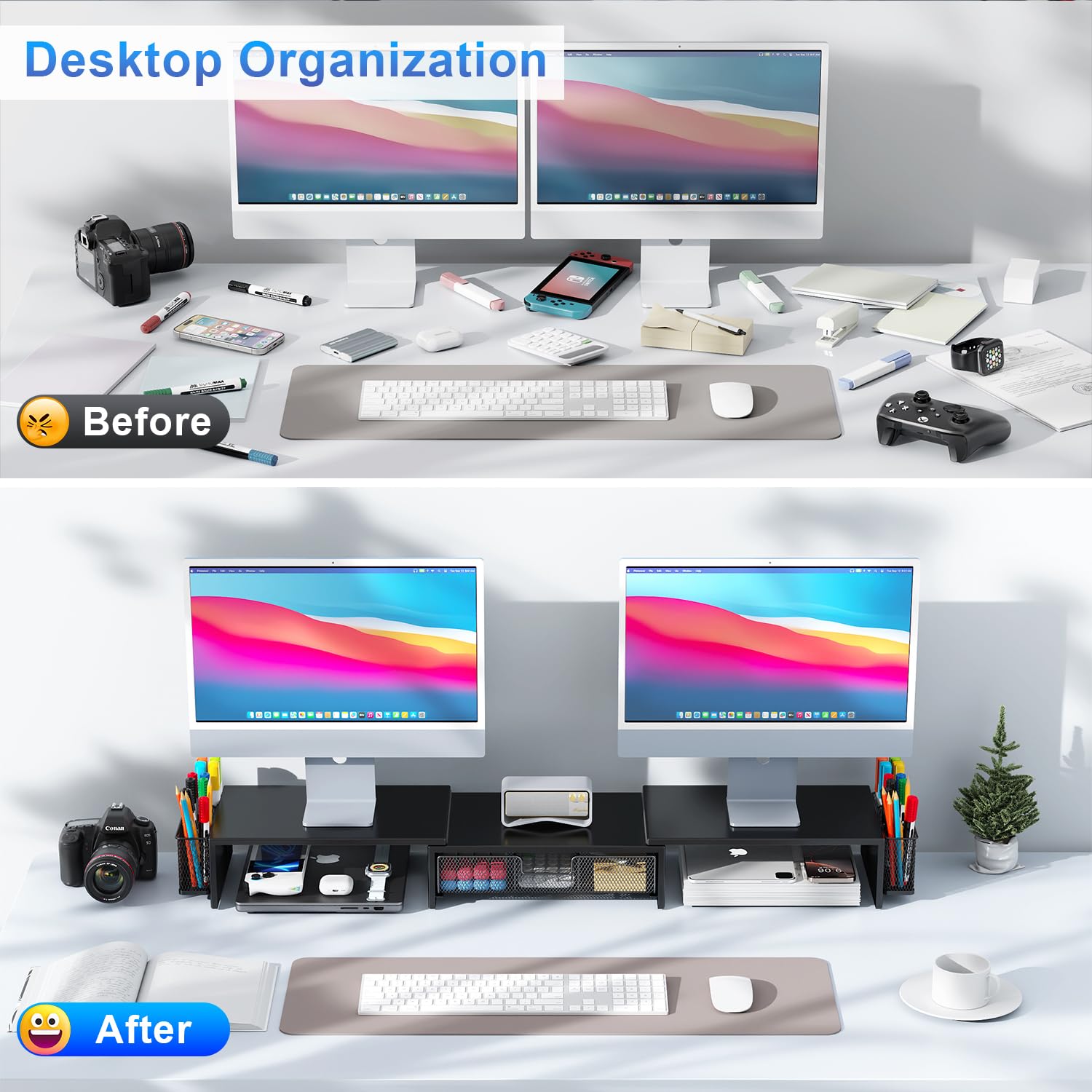 Gianotter Dual Monitor Stand Riser with Drawer & Pen Holders - Adjustable Desk Organizer Shelf for Computer Monitors, Laptops & Office Accessories - Perfect for Home Office, Gaming Setup & Workspace Organization (Black)