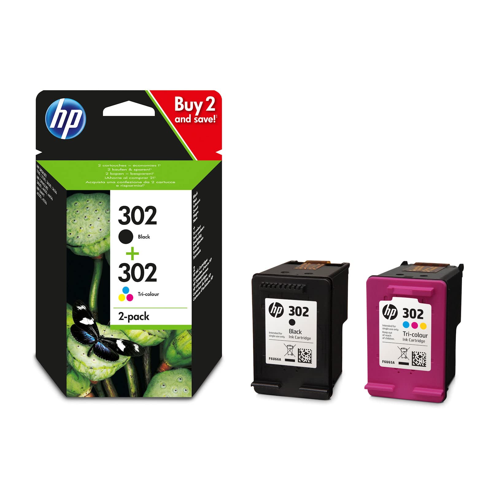 Original HP 302 Ink Cartridge Multipack (1 Black F6U66AE + 1 Color F6U65AE) - Compatible with HP Deskjet 2132 Printer - High-Quality Replacement Ink for Home & Office Printing Needs