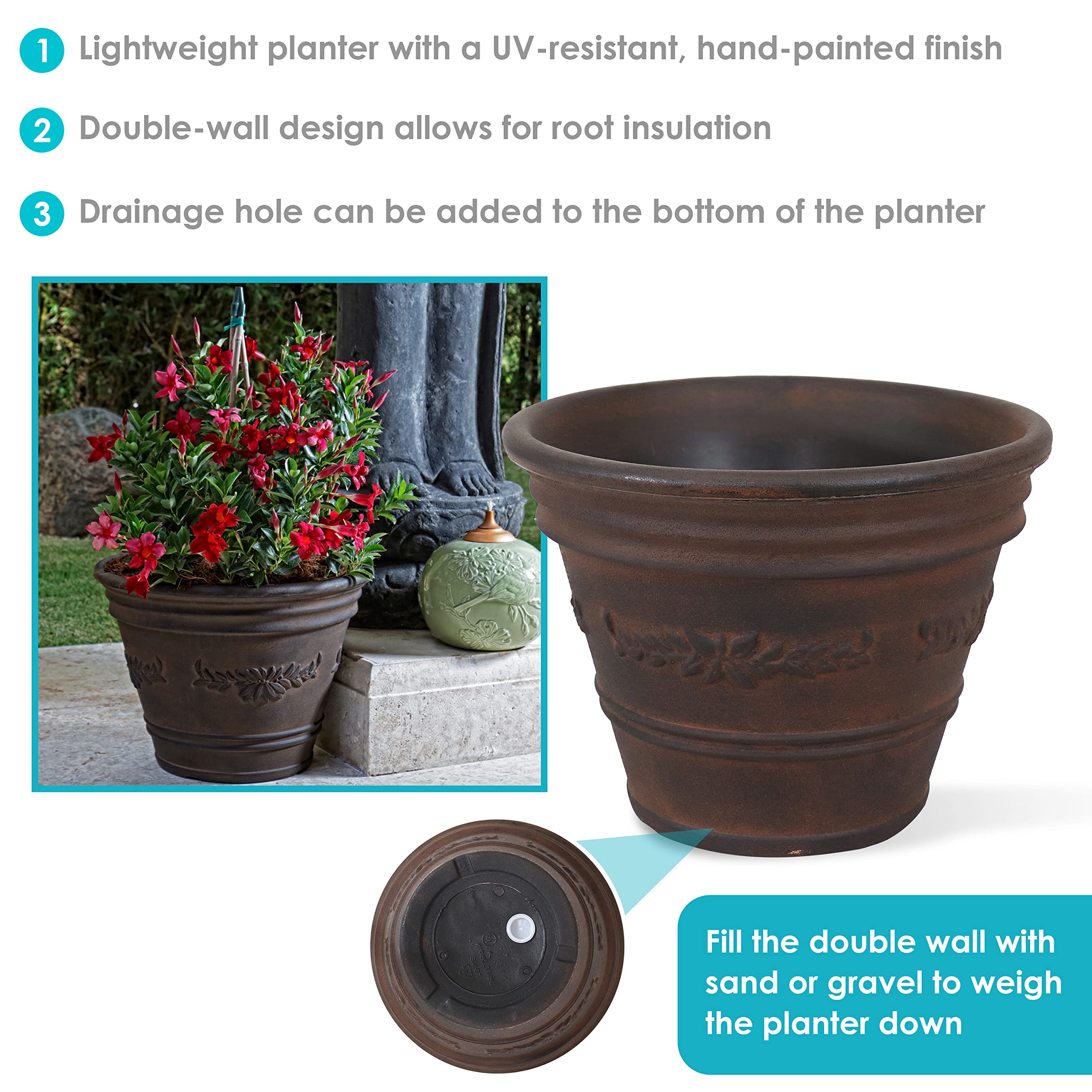 13-Inch Laurel Large Polyresin Plant Pot - Round Outdoor Planter with Drainage Holes - Rust Finish - 4 Pack - Perfect for Patio, Garden & Home Decor