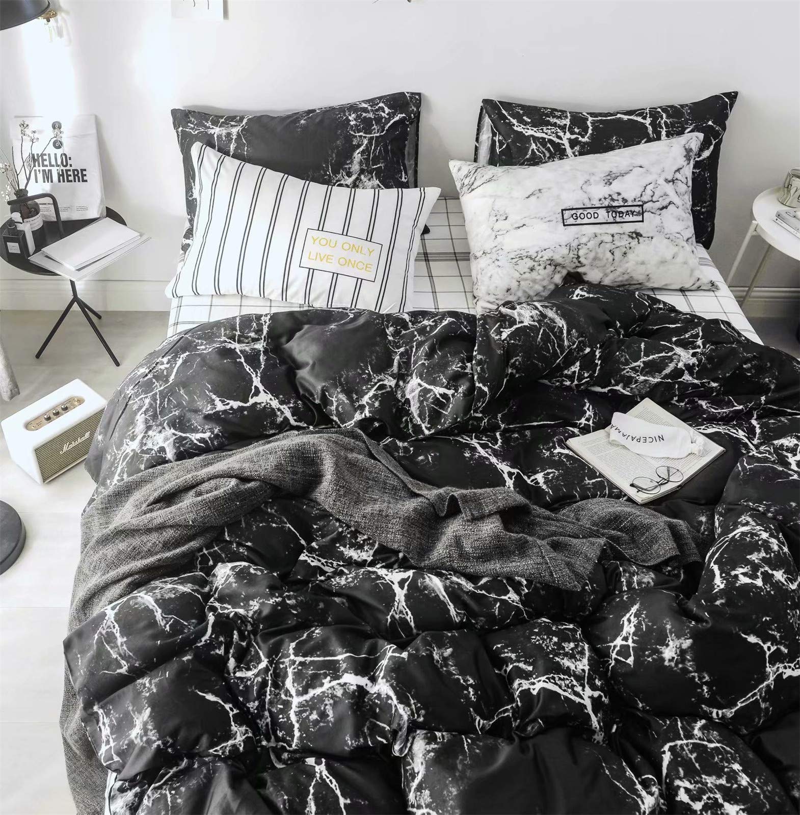 Black Marble Comforter Set King Size - Modern Abstract Gothic Bedding with Breathable Soft Cotton - Black and White Quilted Blanket for Adults & Teens - Perfect for Gothic, Boho & Contemporary Bedrooms