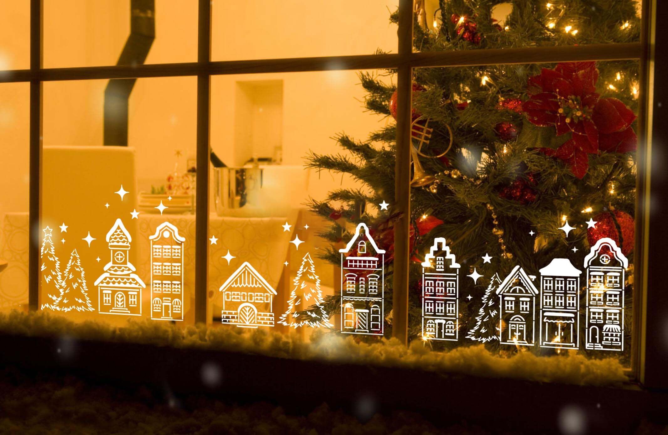 Large Reusable Christmas Stencils for Windows - Xmas Village & Tree House Holiday Drawing Templates for Painting on Wall, Canvas, Paper & Doormat | DIY Home Decor, Holiday Crafts & Festive Gift Wrapping