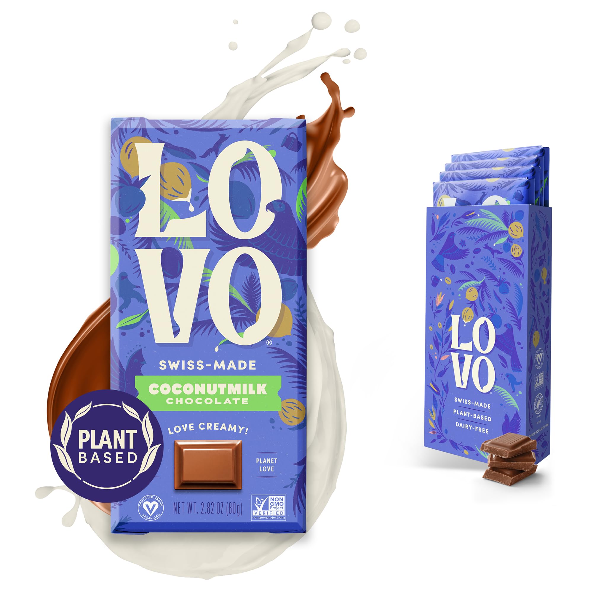 LOVO Vegan Coconutmilk Chocolate Bar - Dairy-Free, Gluten-Free, Plant-Based Milk Chocolate Alternative - Creamy Swiss-Made Chocolate with RFA Certification (2.82oz, Pack of 4) - Perfect for Vegan Desserts, Healthy Snacking & Gift Giving