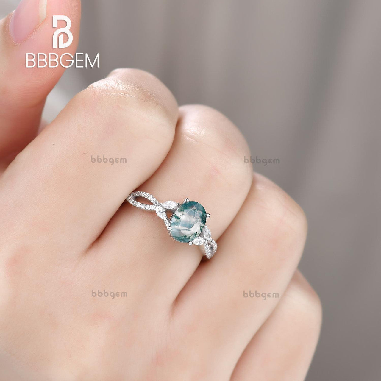 14K Pink Gold Oval Cut Moss Agate Engagement Ring with Marquise Moissanite Infinity Band - Elegant Wedding Ring for Women, Perfect for Proposals, Anniversaries & Special Occasions