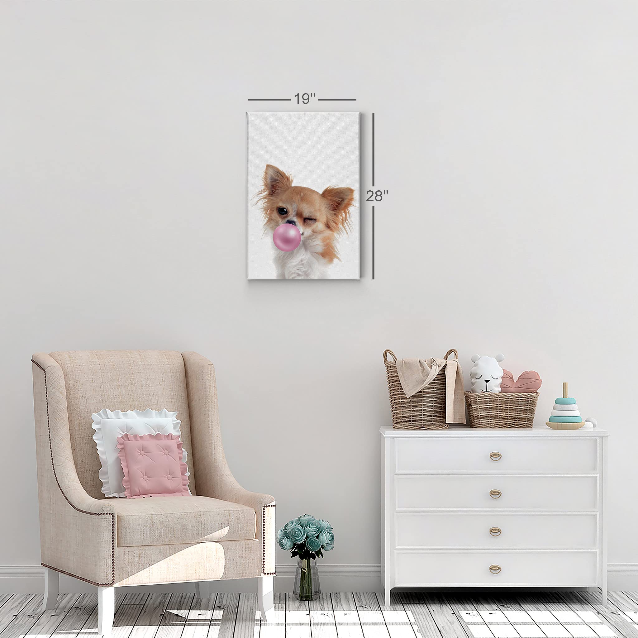 Chihuahua Dog Chewing Pink Bubble Gum Canvas Wall Art Print - Pet Lover Gift, Animal Pop Art Decor for Office, Living Room, Bedroom & Nursery (28x19 Inches) - Perfect for Dog Enthusiasts, Home Decor & Unique Gift Ideas