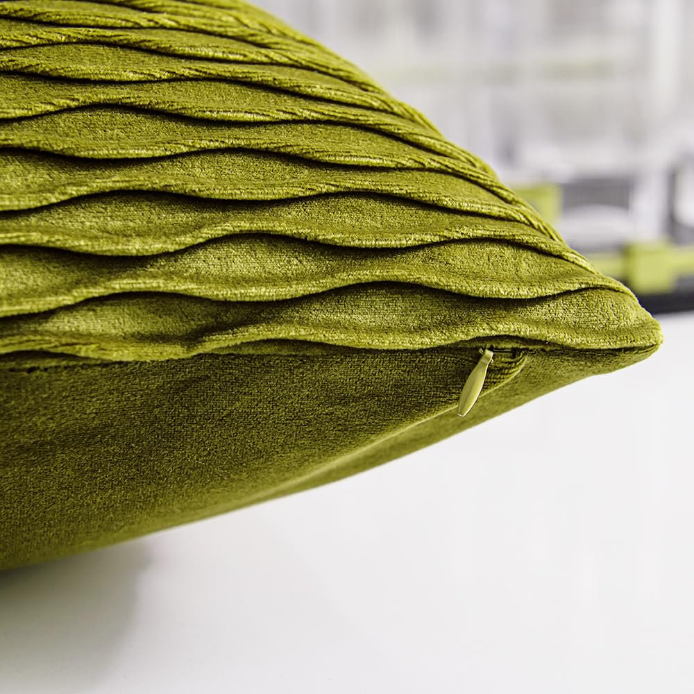 DEZENE 20x20 Inch Moss Green Velvet Throw Pillow Covers - 2 Pack Soft Striped Square Decorative Cushion Cases for Farmhouse Sofa, Couch, Bedroom & Living Room Decor