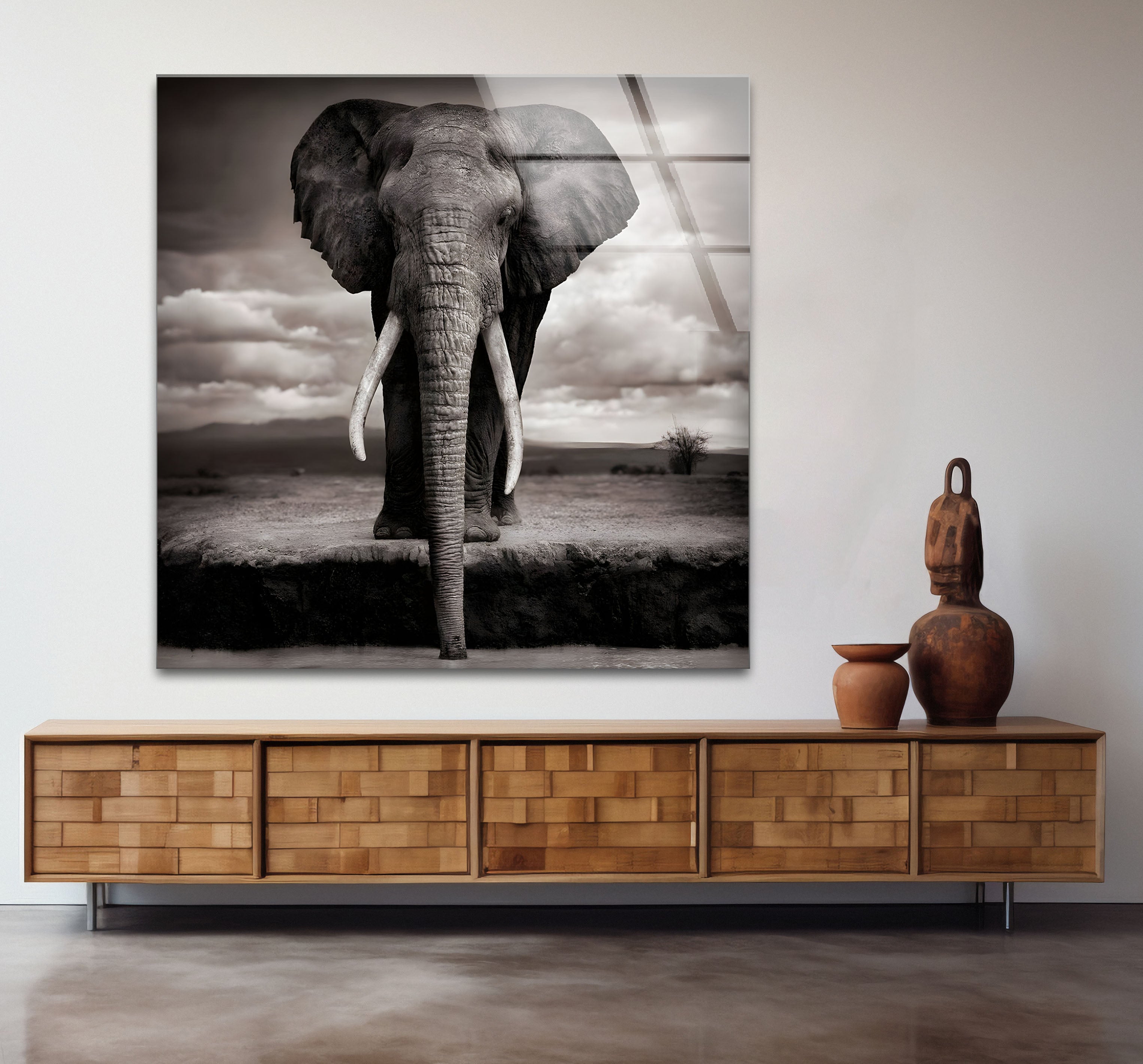 Elegant Black and White Elephant Glass Wall Art - Handmade Modern Home Decor for Living Room, Bedroom, or Office