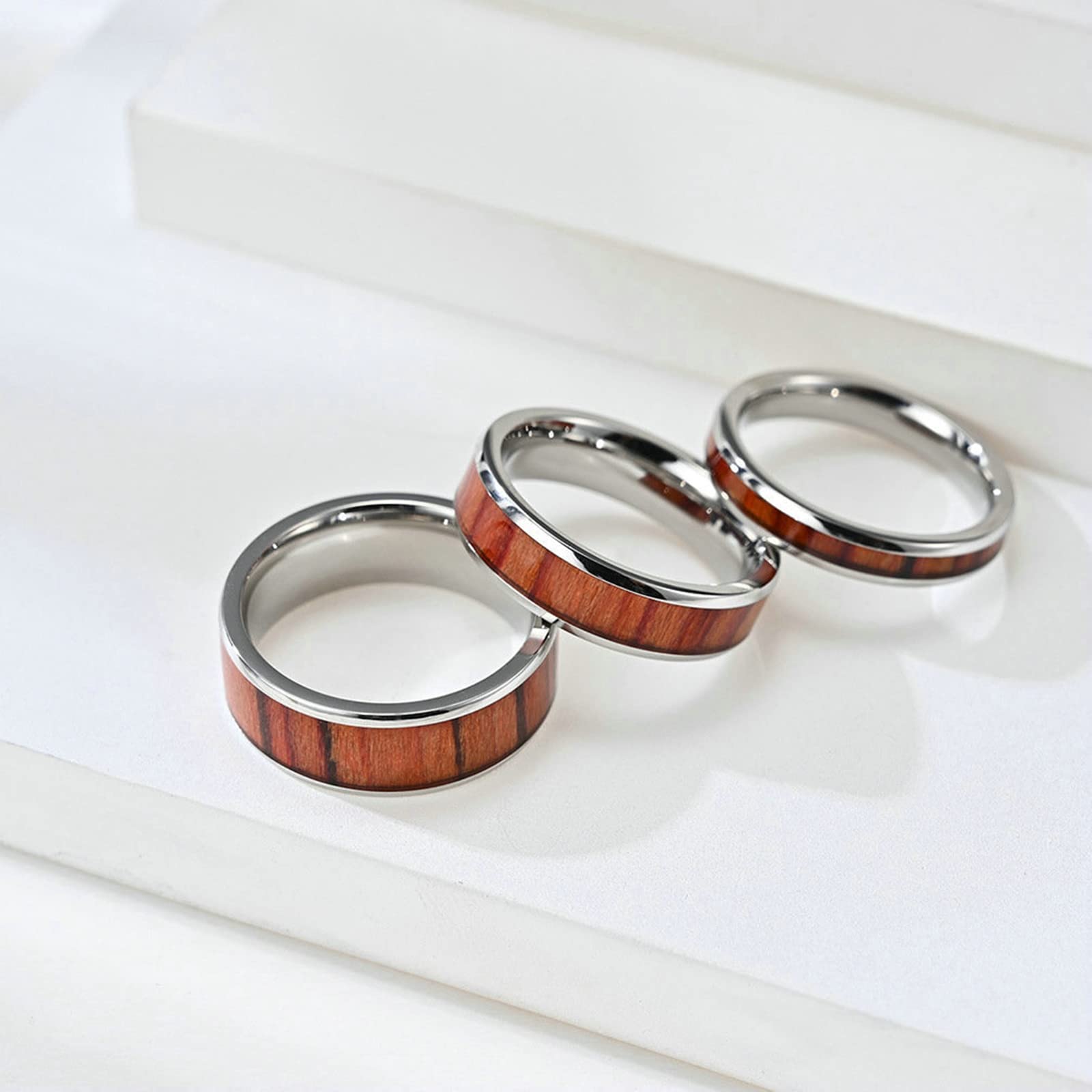 Bishilin Men's Engagement Ring - Stainless Steel Wedding Band with Wood Inlay (4-8MM Width) - Durable Silver Ring for Him - Perfect for Proposals, Anniversaries & Everyday Wear