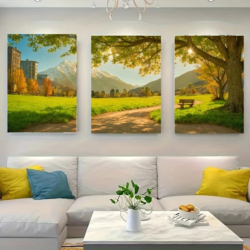 3-Piece Scenic Landscape Metal Print with Bench - Ready to Hang Wall Art for Living Room, Bedroom & Office Decor