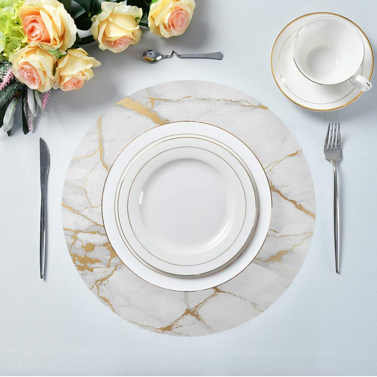 Round Marble Stripe Placemats - 15.4 Inch Heat-Resistant, Stain-Resistant & Anti-Skid Table Mats - Washable & Durable for Dining, Kitchen, and Party Decor