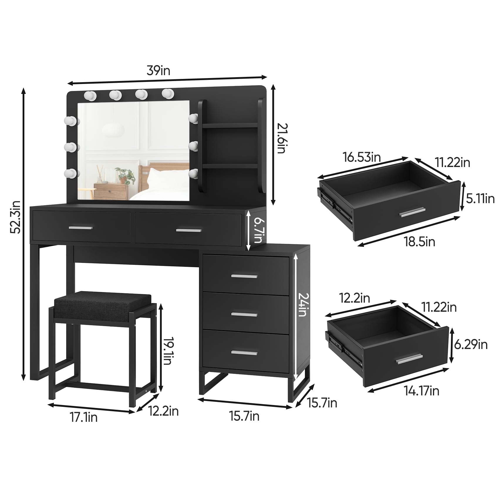 Adjustable LED Makeup Vanity Desk with Mirror & 5 Drawers - 3 Color Lighting Modes & Brightness Control - Black Dressing Table for Bedroom, Salon & Home Beauty Station