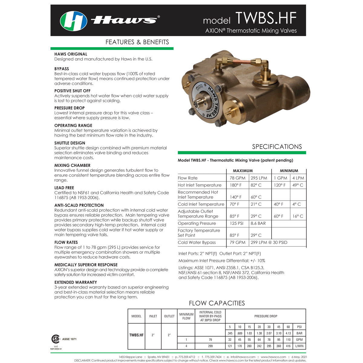 Haws TWBS.HF Thermostatic Mixing Valve - High Precision Temperature Control for Showers & Sinks | Ideal for Home, Hotel & Commercial Use