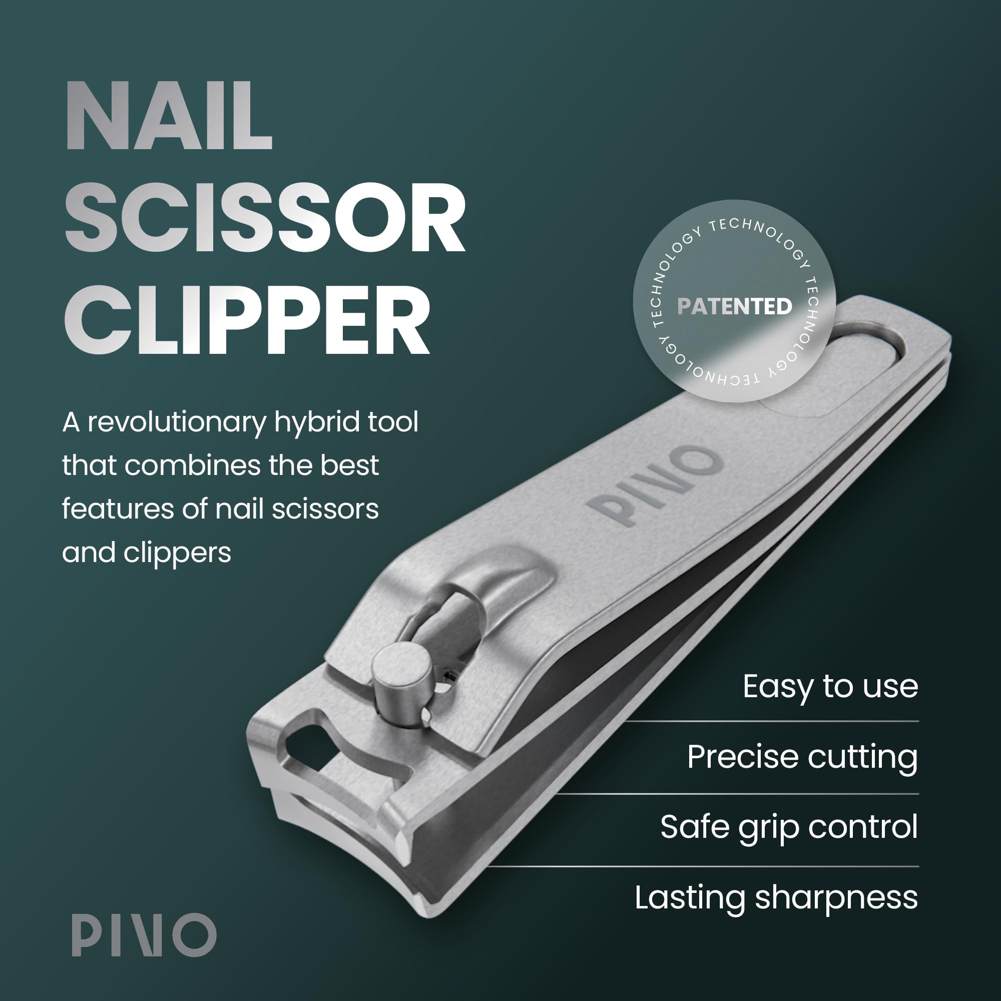 PIVO Professional Nail Clipper & Scissor Hybrid - Ultra Sharp Curved Fingernail Trimmer for Women & Men - Perfect for Manicure, Pedicure and Home Nail Care - Easy to Use Salon Quality Nail Cutter for Daily Grooming
