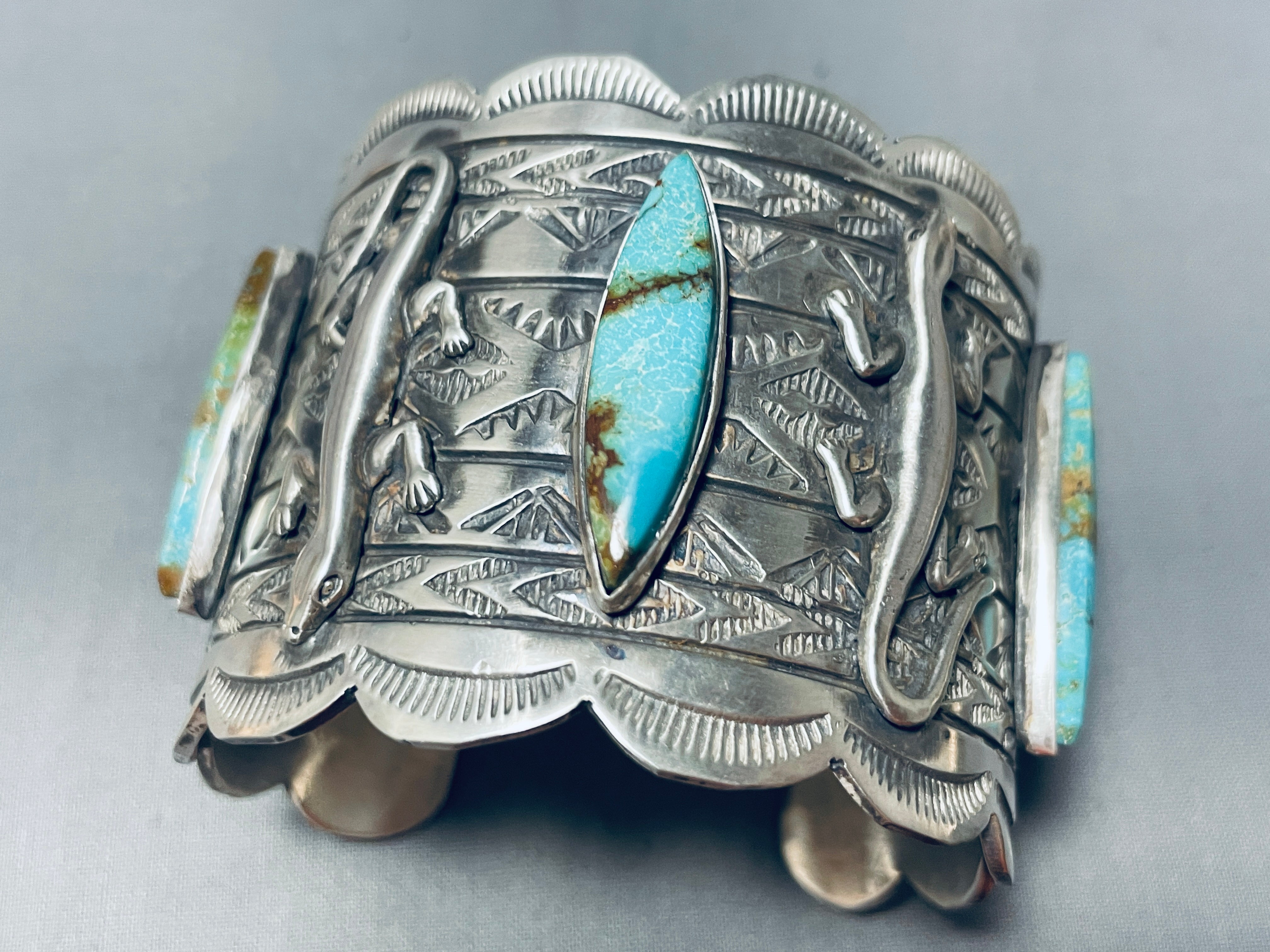 Authentic Native American Navajo Royston Turquoise Sterling Silver Gecko Bracelet - 100+ Grams - Handcrafted Jewelry for Women - Perfect for Boho, Western & Festival Fashion