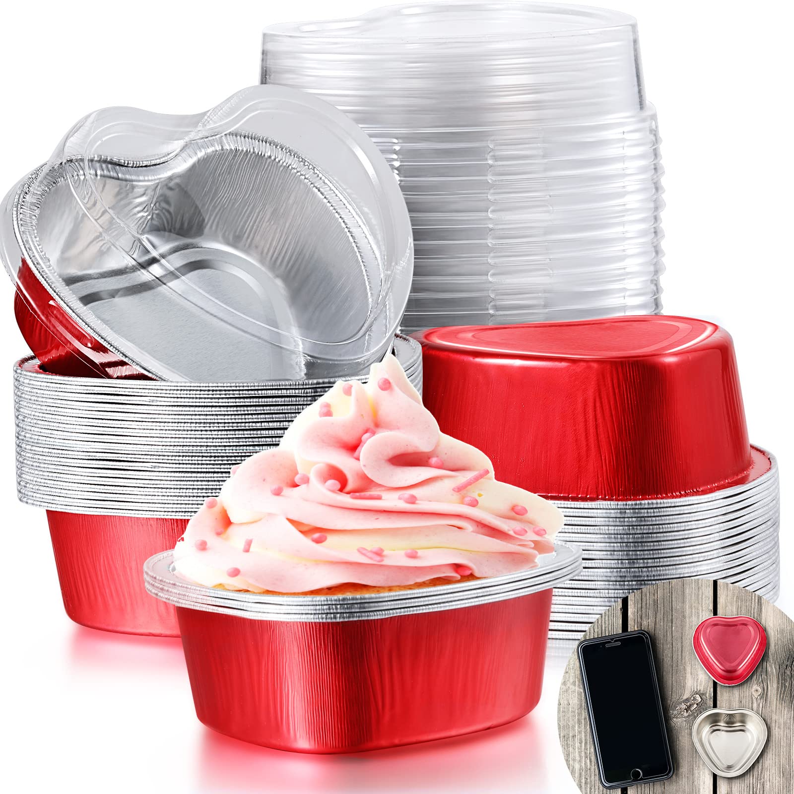 **Mini Heart-Shaped Aluminum Foil Cake Pans (40 Sets) - 55ml/1.86oz Disposable Baking Cups with Clear Lids for Cupcakes, Desserts - Perfect for Valentine's Day, Weddings, Mother's Day & Party Favors (Red)**
