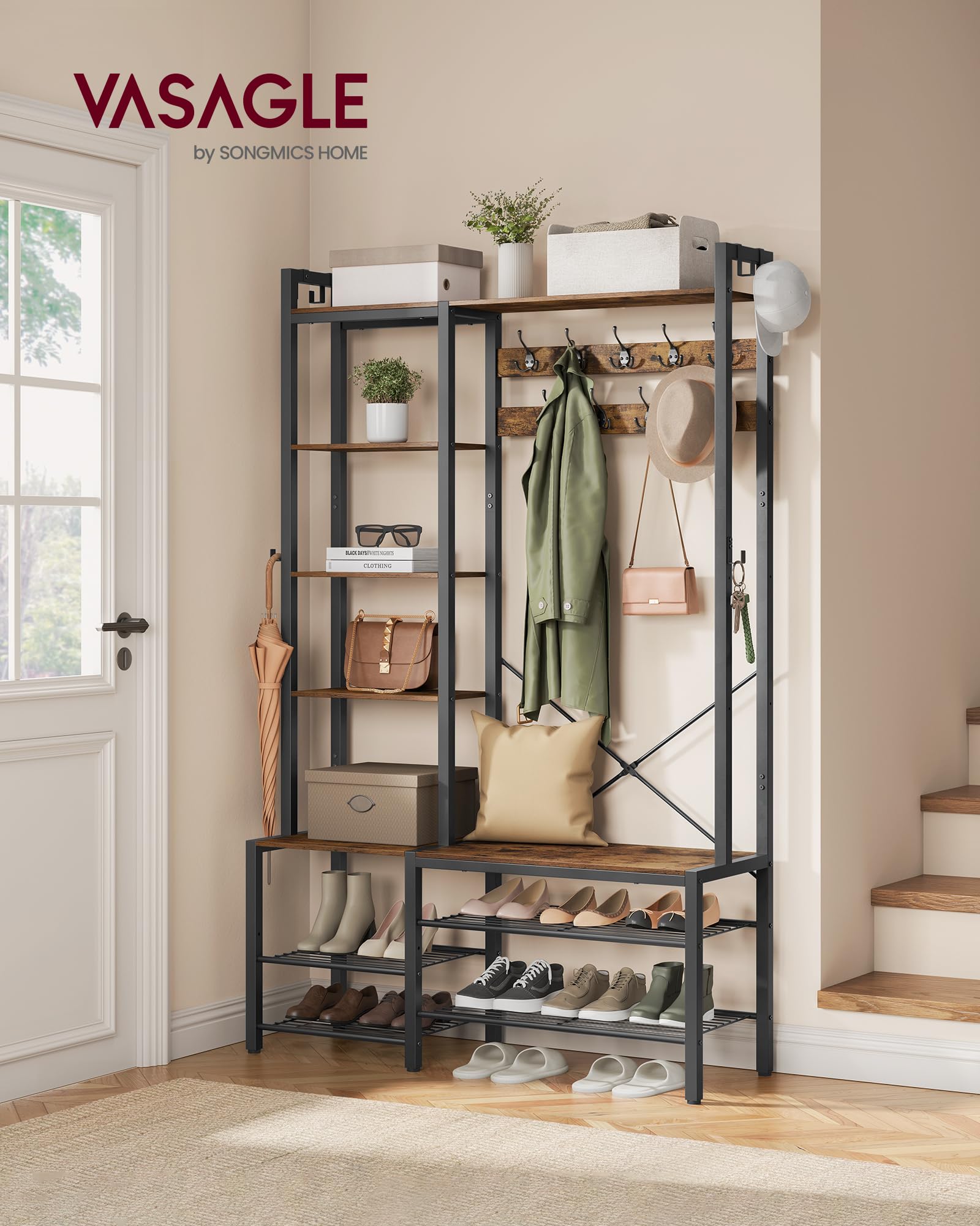 VASAGLE Entryway Hall Tree with Bench - 5-Tier Shoe Storage, 9 Coat Hooks & 6 Side Hooks - Rustic Brown & Black Coat Rack Organizer (47.2