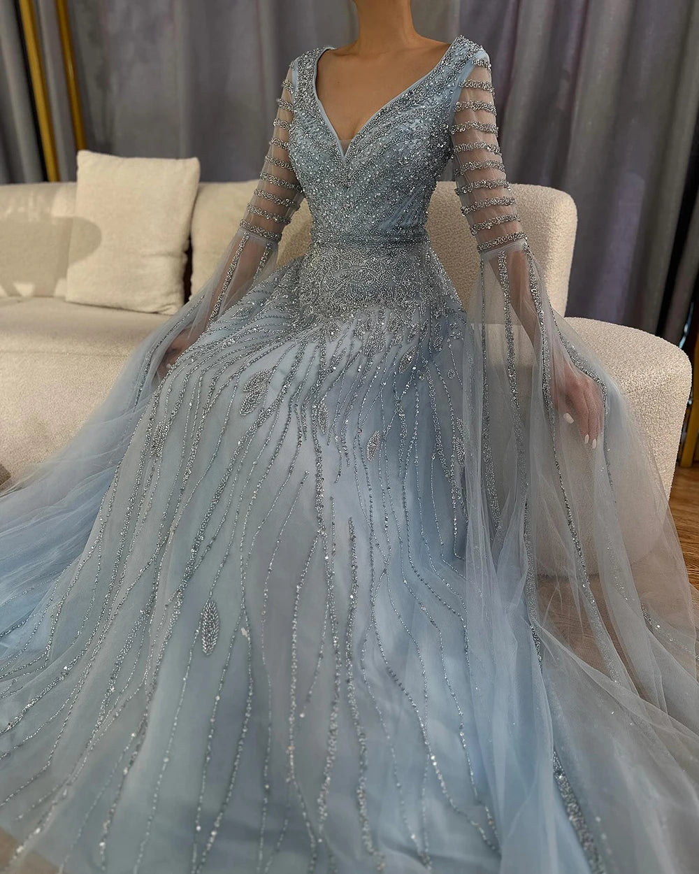 Elegant Beaded Long Evening Gowns with Cape Sleeves - Luxury Dubai Arabic Caramel A-Line Formal Dress for Women | Perfect for Weddings, Galas & Special Occasions LA72750