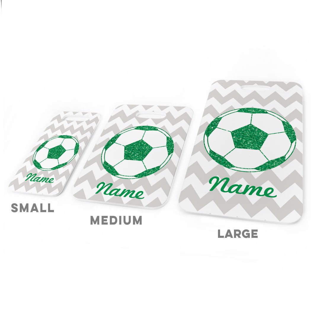 Personalized Glitter Soccer Ball Luggage Tag - Small Green Soccer Bag Tag with Standard Lines on Back - Perfect for Travel, Sports Gear & Team Identification