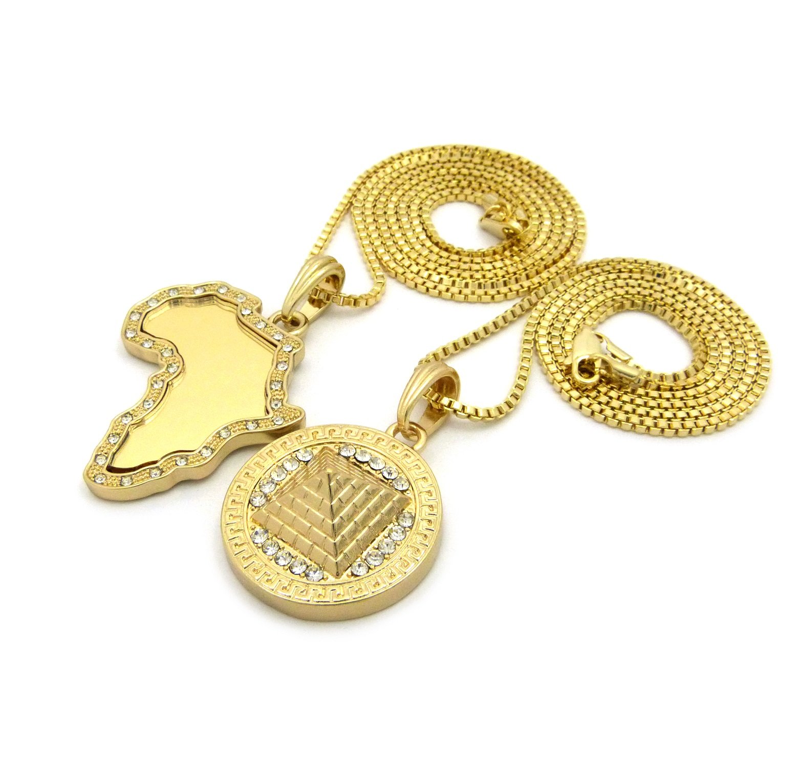 Hip Hop Iced Out Gold Plated Egyptian Africa Map & Pyramid Pendant Necklace Set with 20
