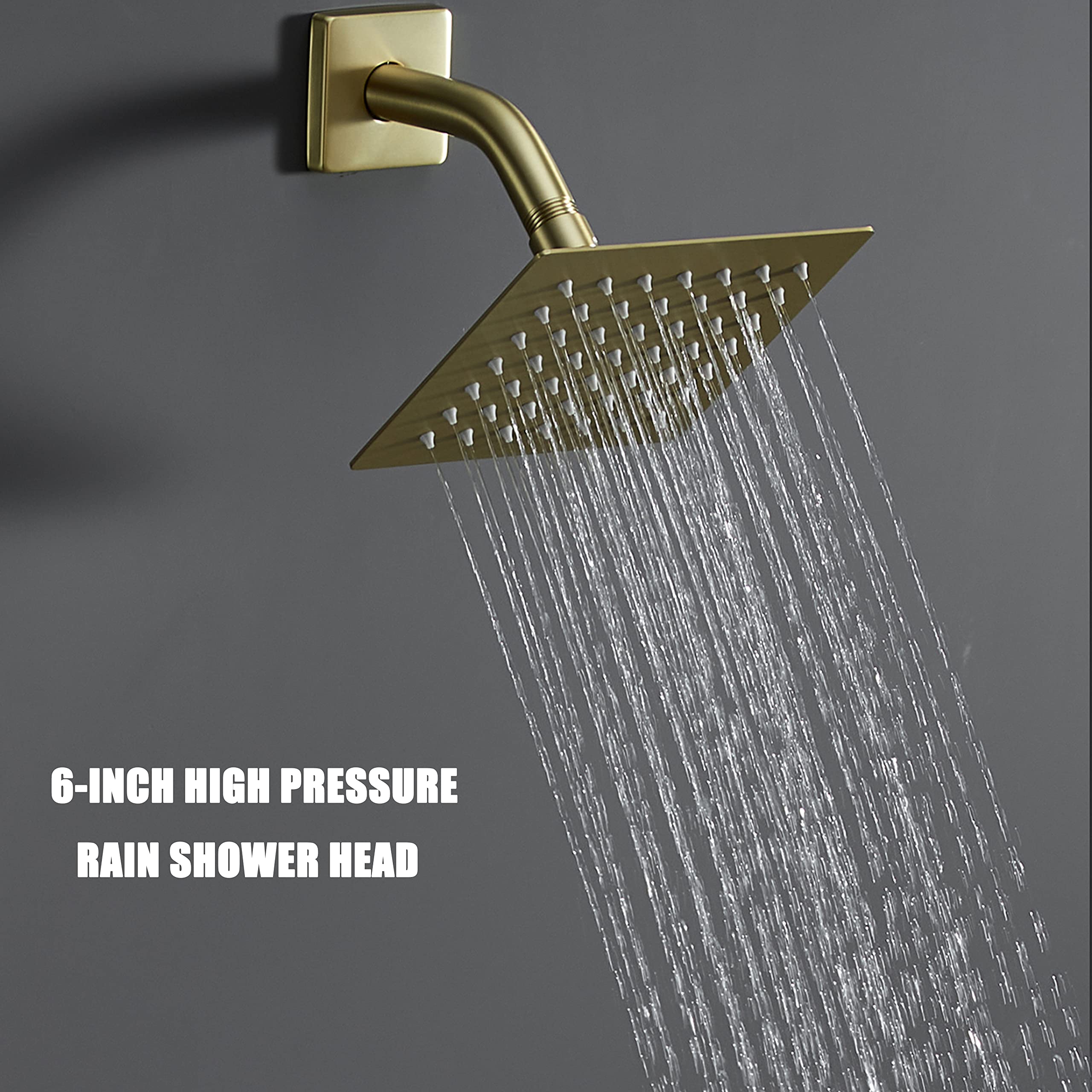 Brushed Gold Shower Fixture Set - 6 Inch Gold Shower Head with Tub Spout & Handle (Valve Included) - Luxury Bathroom Faucet Combo for Modern Home & Spa Experience