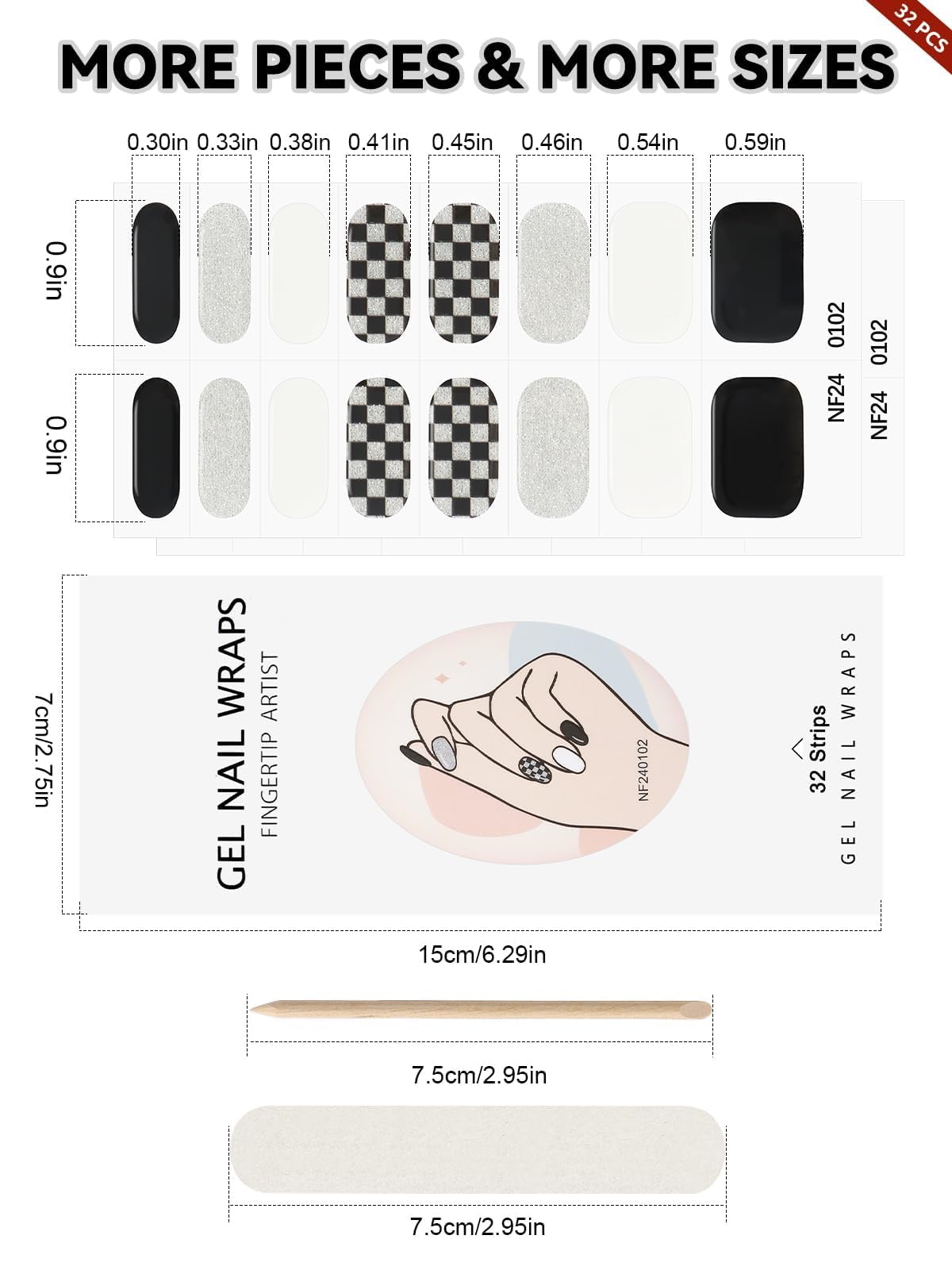 32PCS Semi-Cured Gel Nail Strips - Long Lasting Nail Polish Stickers with Shiny Finish | Full Coverage Nail Wraps for Gel Nail Art | UV/LED Lamp Required | Black Plaid Design | Perfect for Home Manicures, Parties & Special Occasions