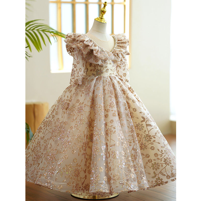 Sparkly Gold Sequin Flower Girl Dress with Long Sleeves - Elegant A-Line Design for Weddings, Pageants & Special Occasions