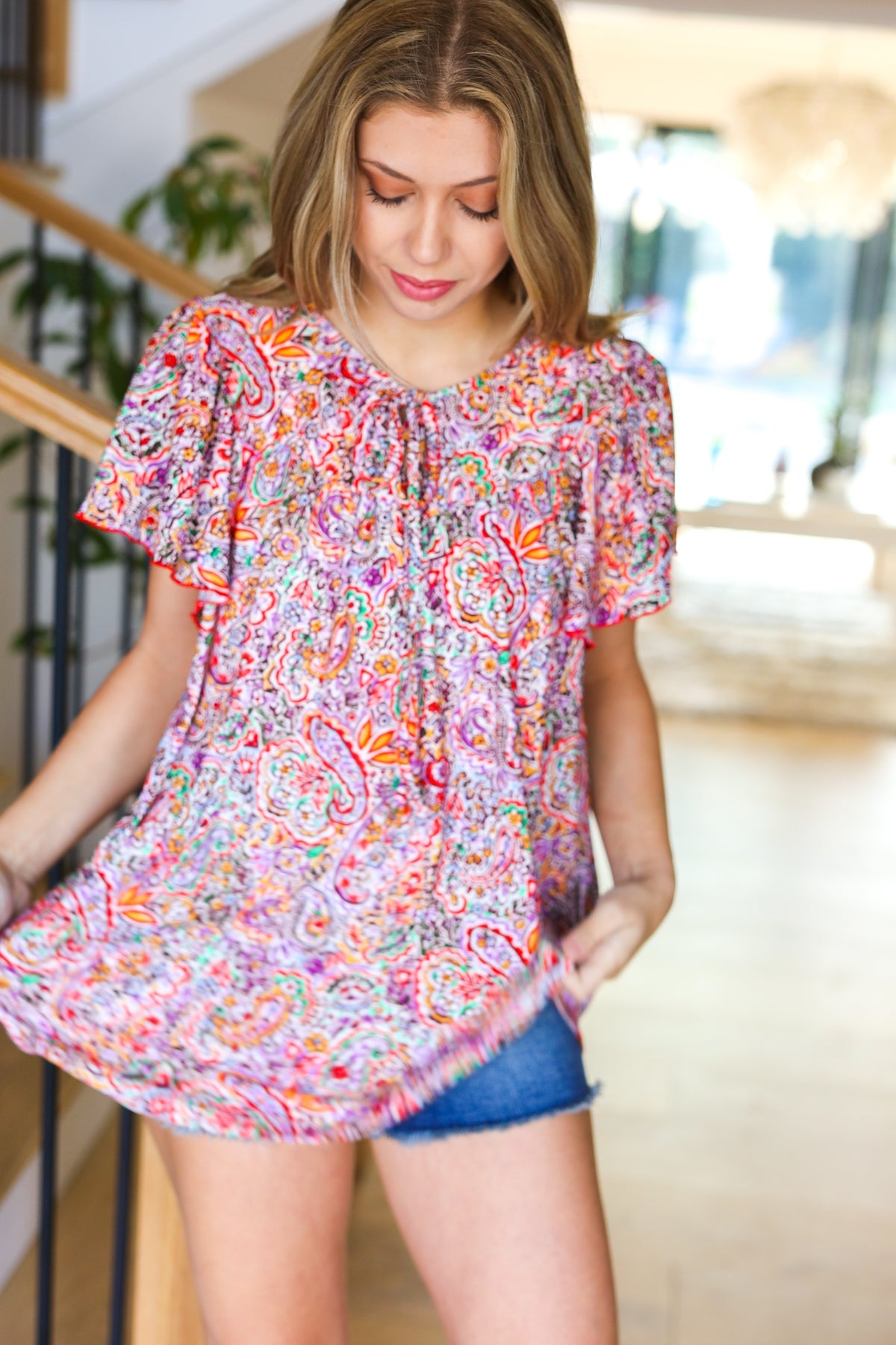 Boho Paisley Print Dolman Top with Tie Neck - Plum & Multicolor Floral Blouse for Women | Perfect for Casual Outings, Music Festivals & Beach Vacations