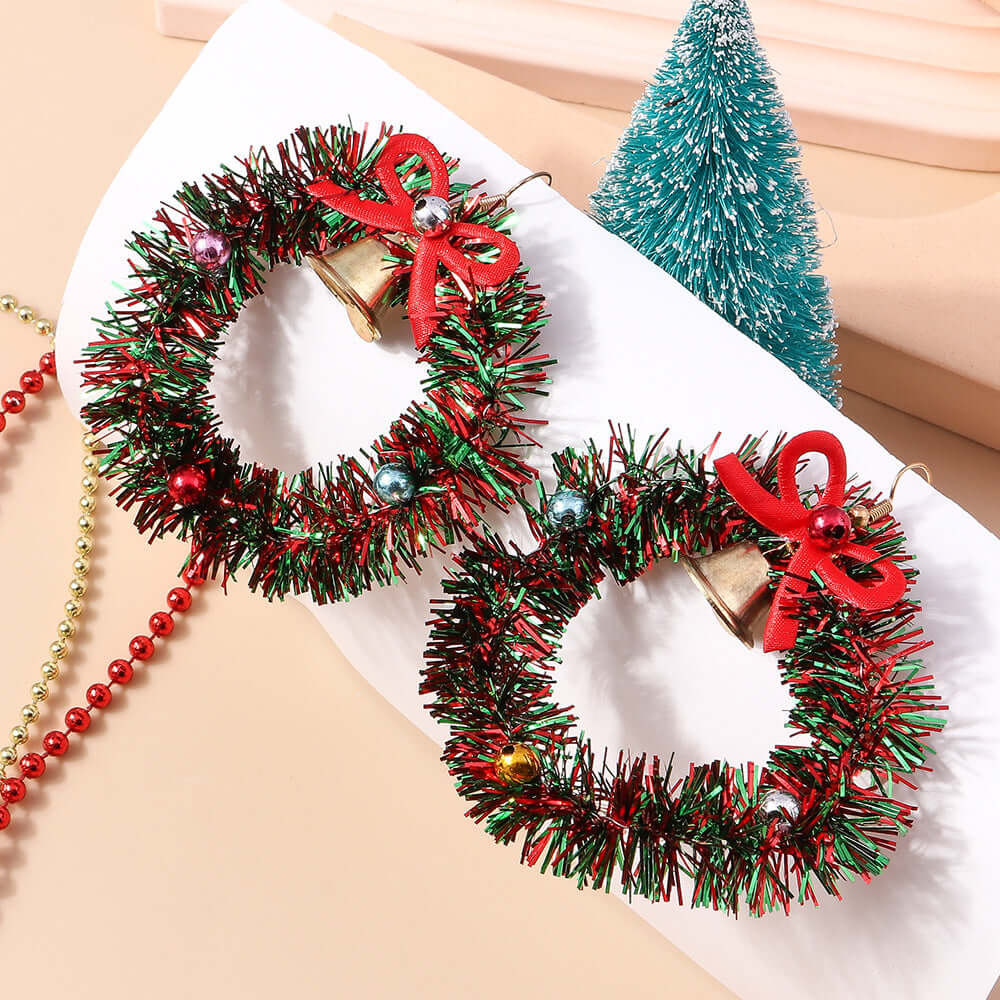 Whimsical Color Bead Christmas Wreath Drop Earrings | Handwoven Bohemian Dangle Earrings for Women | Perfect for Holiday Parties, Festive Gatherings & Gift Giving