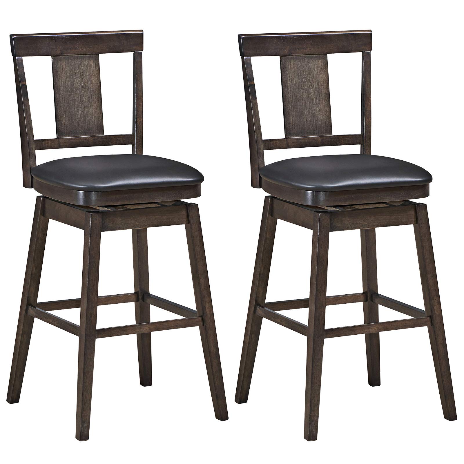 COSTWAY 2-Pack Swivel Bar Stools with 360-Degree Rotation, Wooden Bar Height Stools with Leather Padded Seat, Solid Rubber Wood Legs & Single Slat Back - Perfect for Kitchen Island, Dining Room & Home Bar Decor (Set of 2, 29-inch Height)