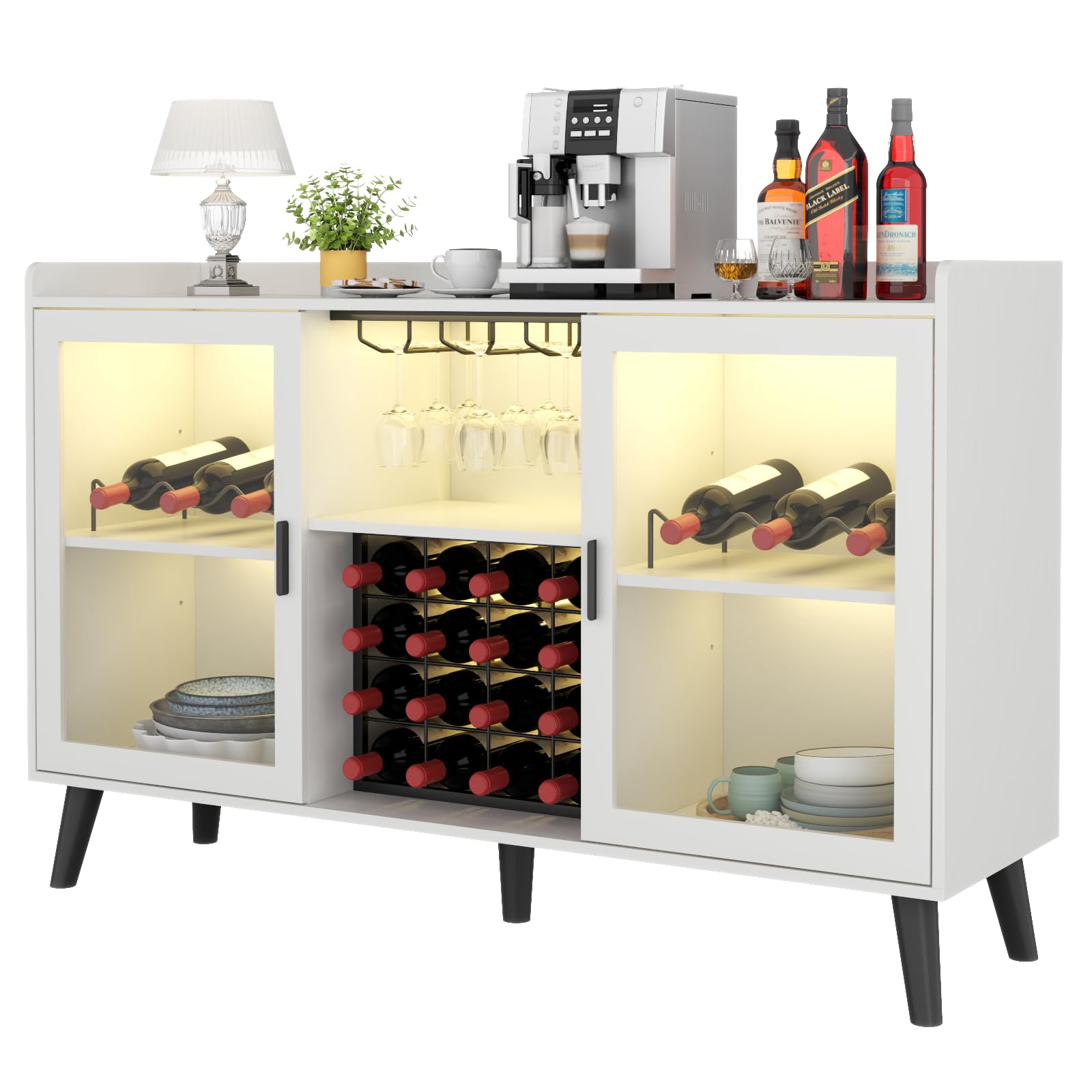 White Wine Bar Cabinet with LED Lighting - Freestanding Kitchen Buffet Sideboard with Glass Rack & Storage Shelves for Living Room, Dining Room - Perfect for Home Entertaining & Coffee Station Setup