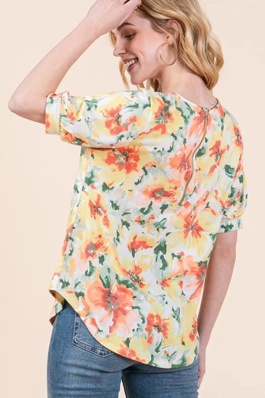 BOMBOM Women's Floral Print Round Neck Puff Sleeve Blouse - Elegant Summer Tops for Casual Outings & Date Nights