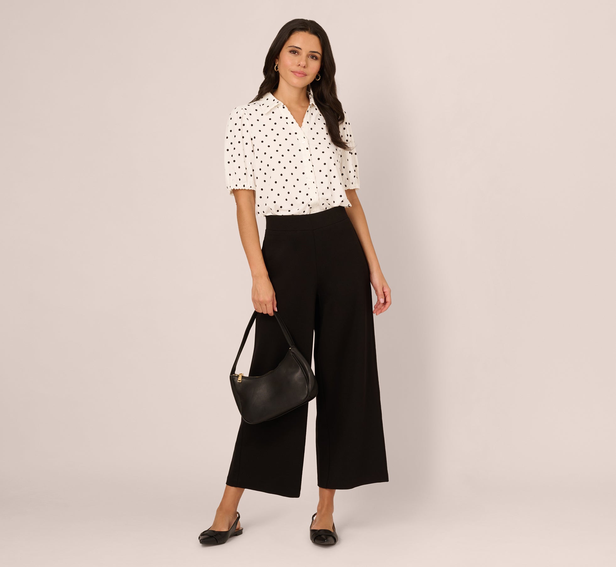 Women's Short Sleeve Printed Button Front Blouse - Ivory & Black Timeless Dot Pattern - Casual Office Wear & Summer Outfit Essential