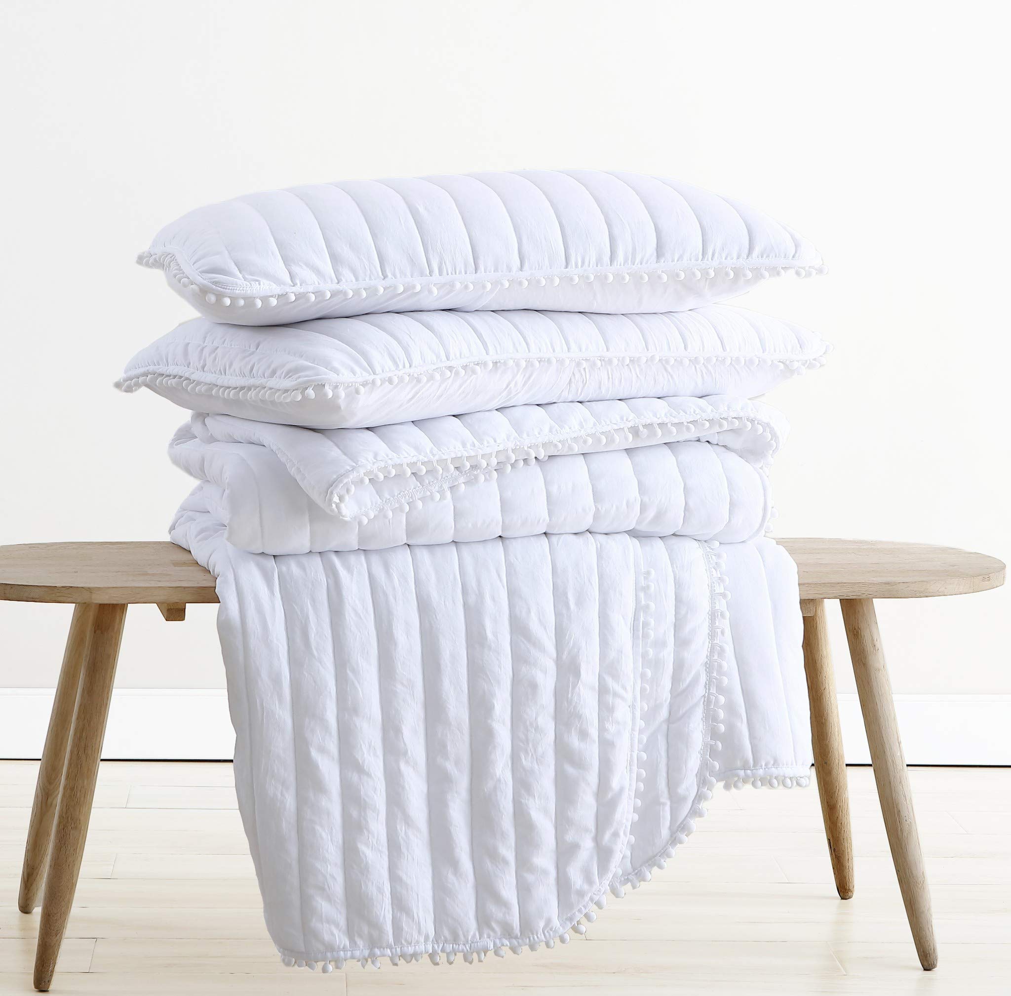Chezmoi Collection Iris 2-Piece White Pom Pom Quilt Set - Twin Size Ball Fringe Channel Stitch Quilted Bedspread & Washed Microfiber Coverlet | Soft & Cozy Bedding for Girls Room, Guest Bedroom & Dorm Decor