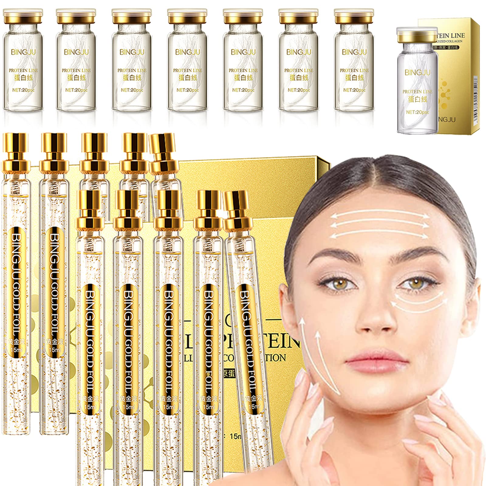 UIRPK Instalift Korean Protein Thread Lifting Set - 2+8PCS Soluble Protein Threads & Nano Gold Essence Combo | Professional Face Lift Treatment for Wrinkle Reduction & Skin Tightening | Perfect for Anti-Aging & Beauty Salon Use